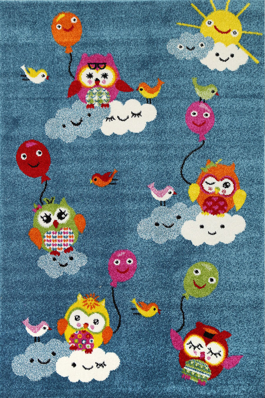 Large View Hello Blue Owl & Balloon Kids Rug