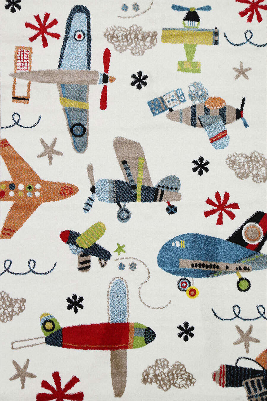 Large View Hello Plane & Jet Cream Kids Rug