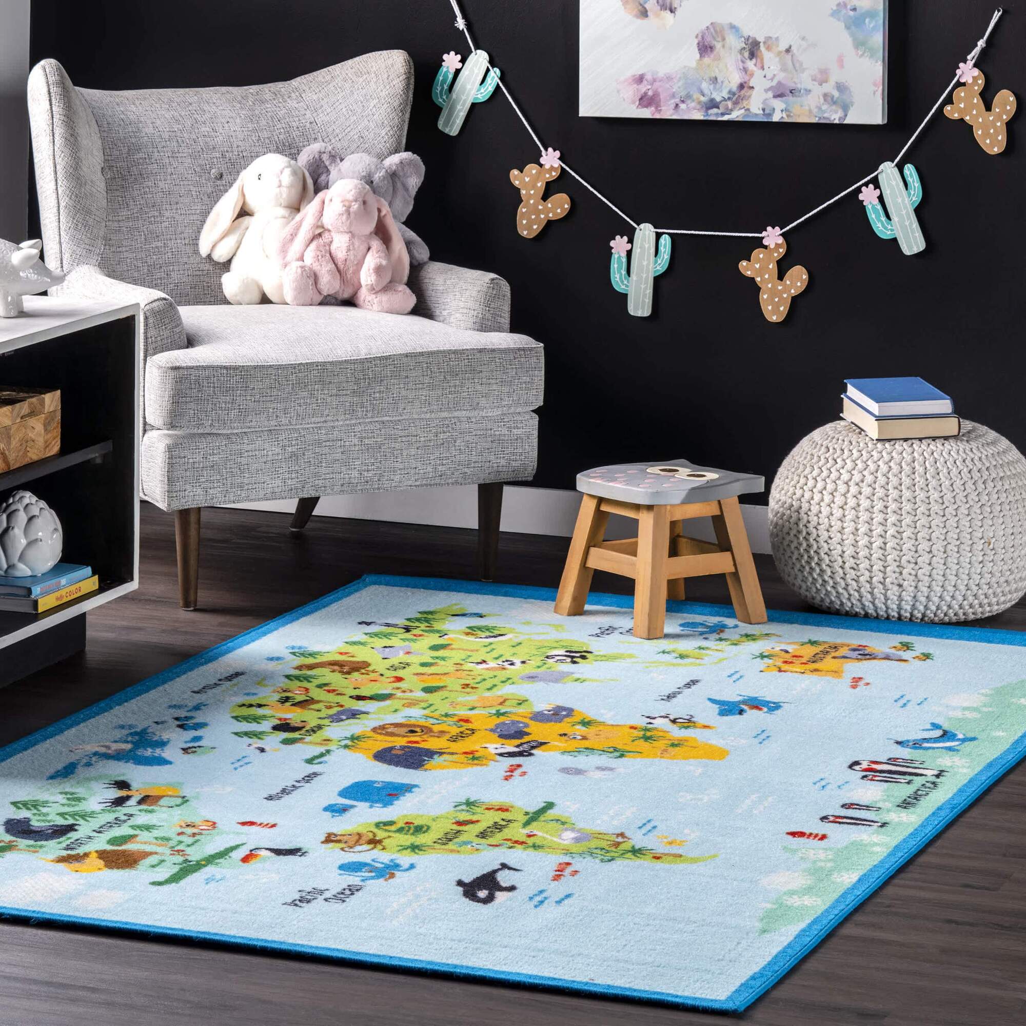 Large View Kids Blue World Map Rug