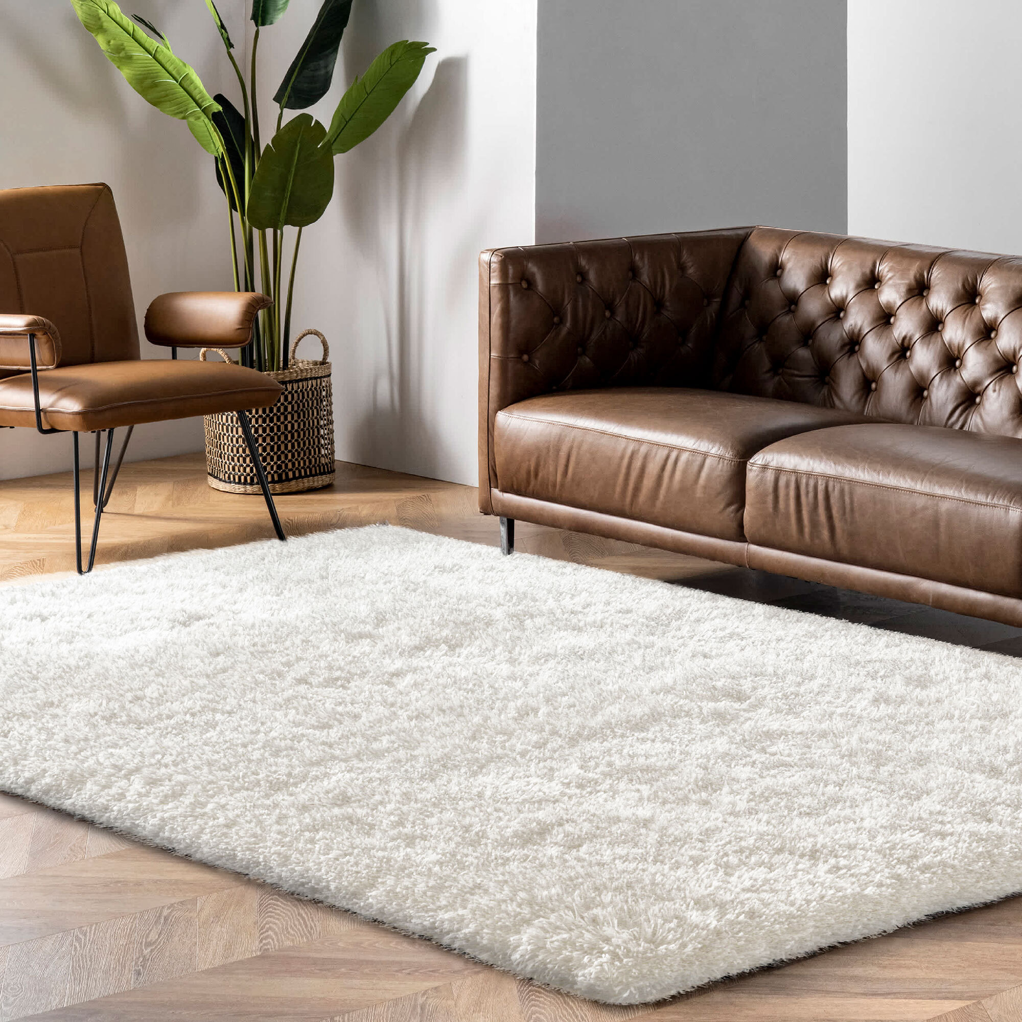 Large View Luxe Plain Ivory Shaggy Rug