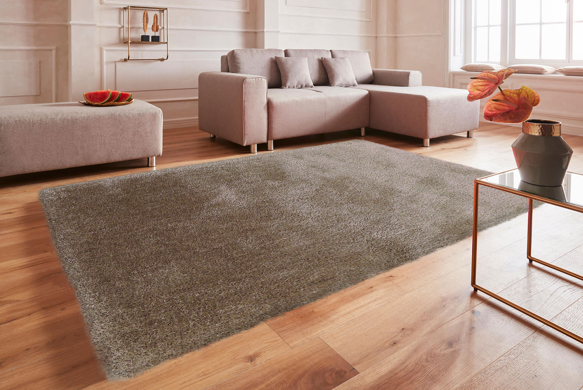 Large View Luxe Plain Brown Shaggy Rug