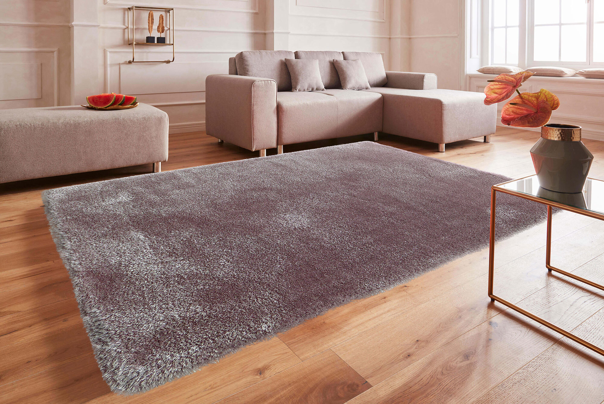 Large View Luxe Plain Lilac Shaggy Rug