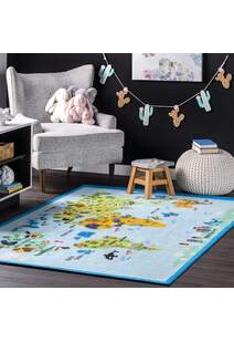 Kids Blue World Map Rug