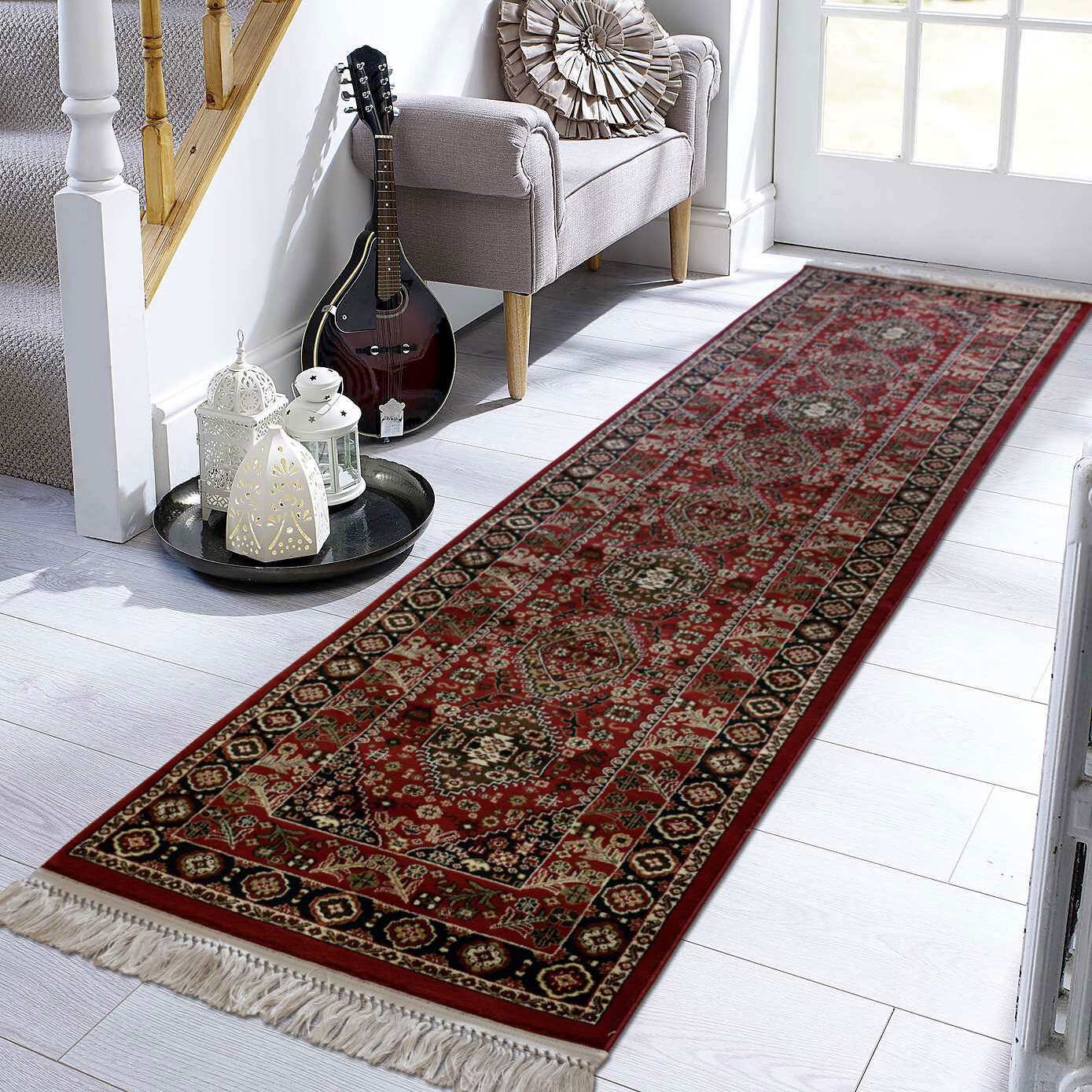 Large View Afghan Traditional Red Border Rug