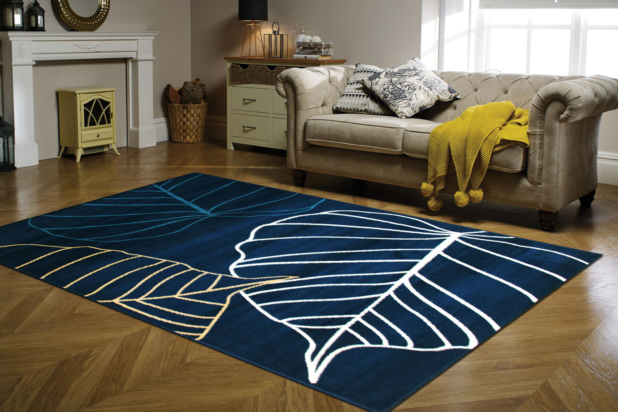 Large View Gil Modern Navy Leaf Pattern Rug