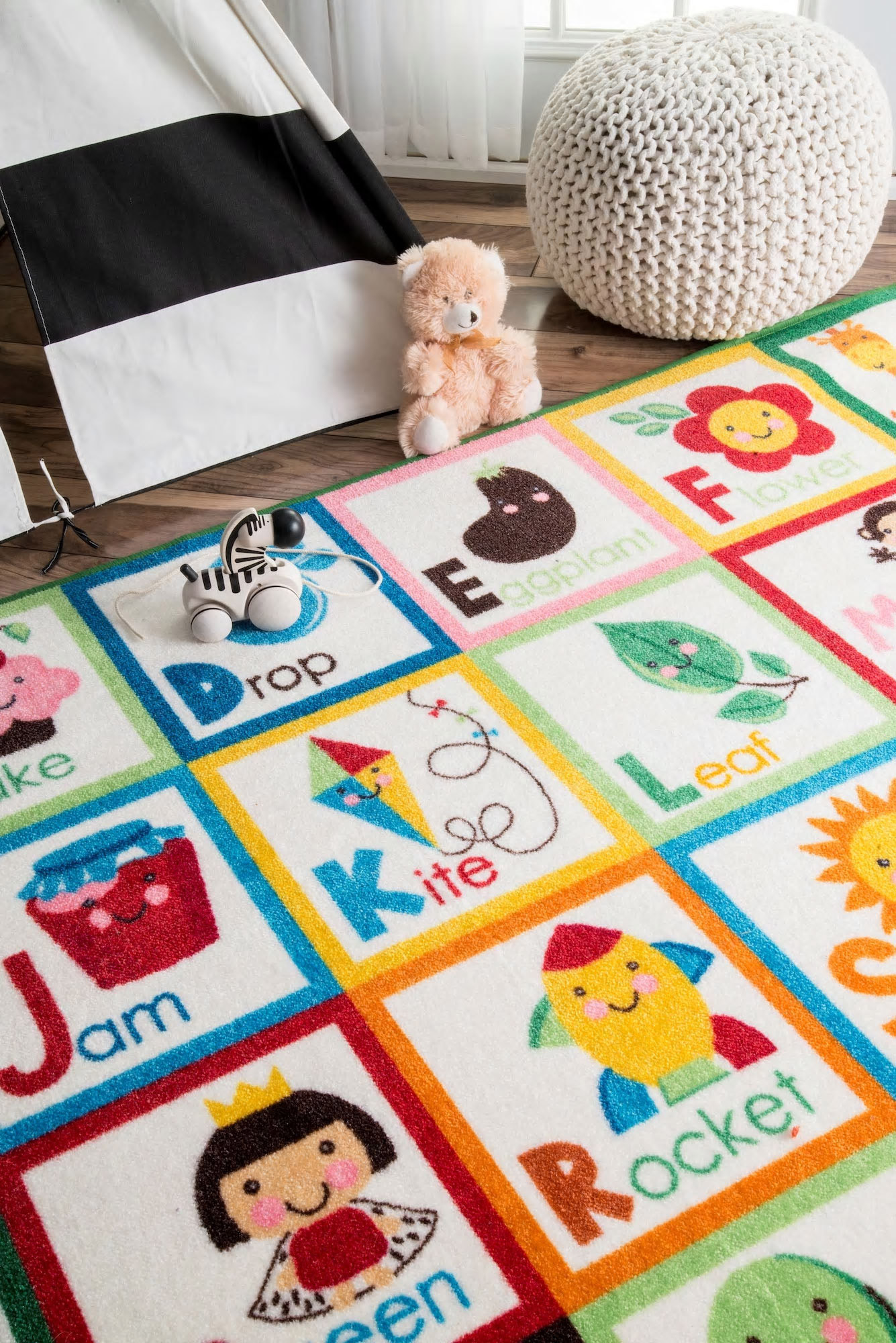 Large View Kids White Alphabet Picture Rug