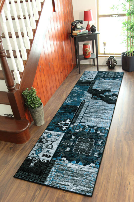 Large View Paris Carved Blue Patchwork Rug