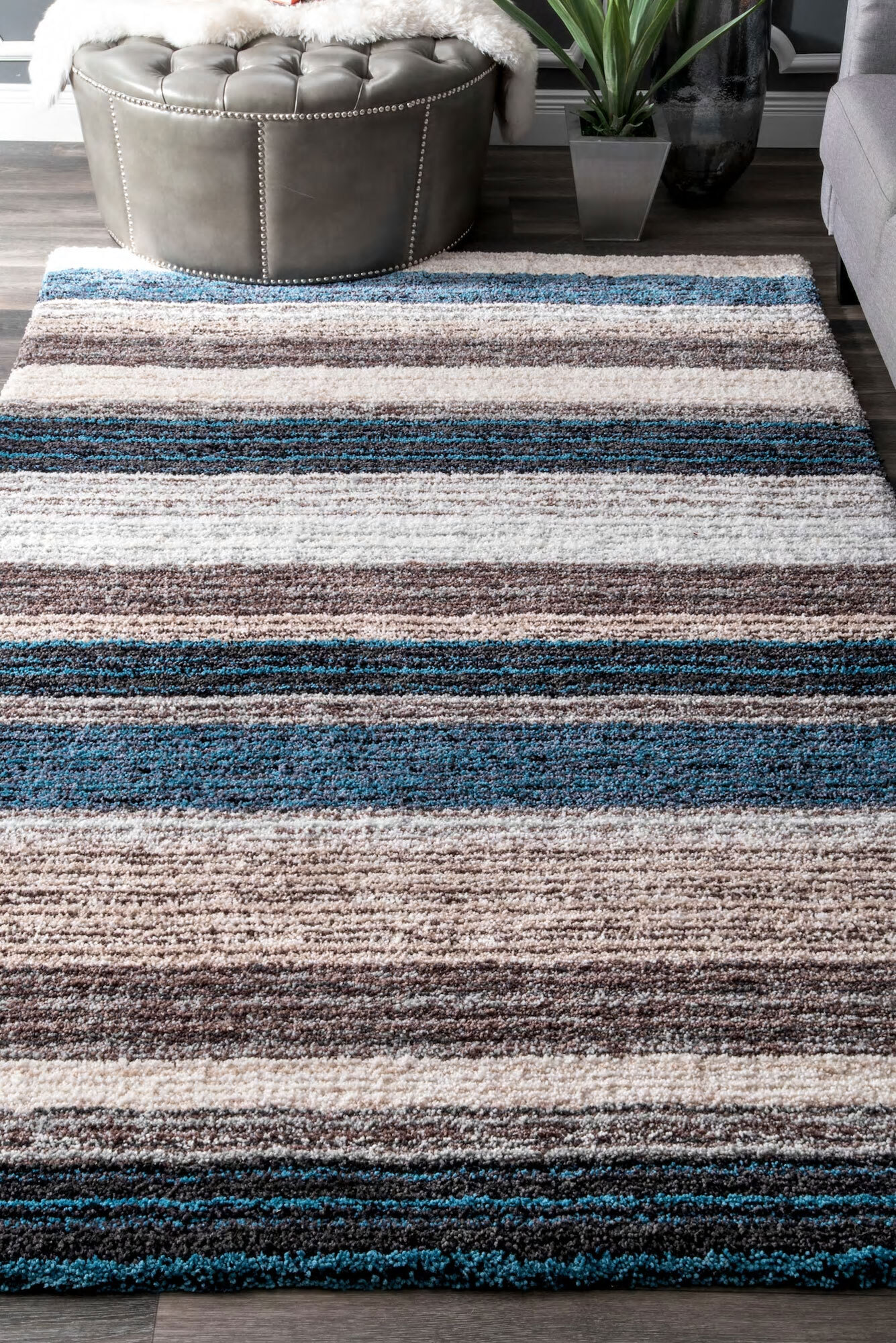 Symphony Striped Blue Shaggy Rug