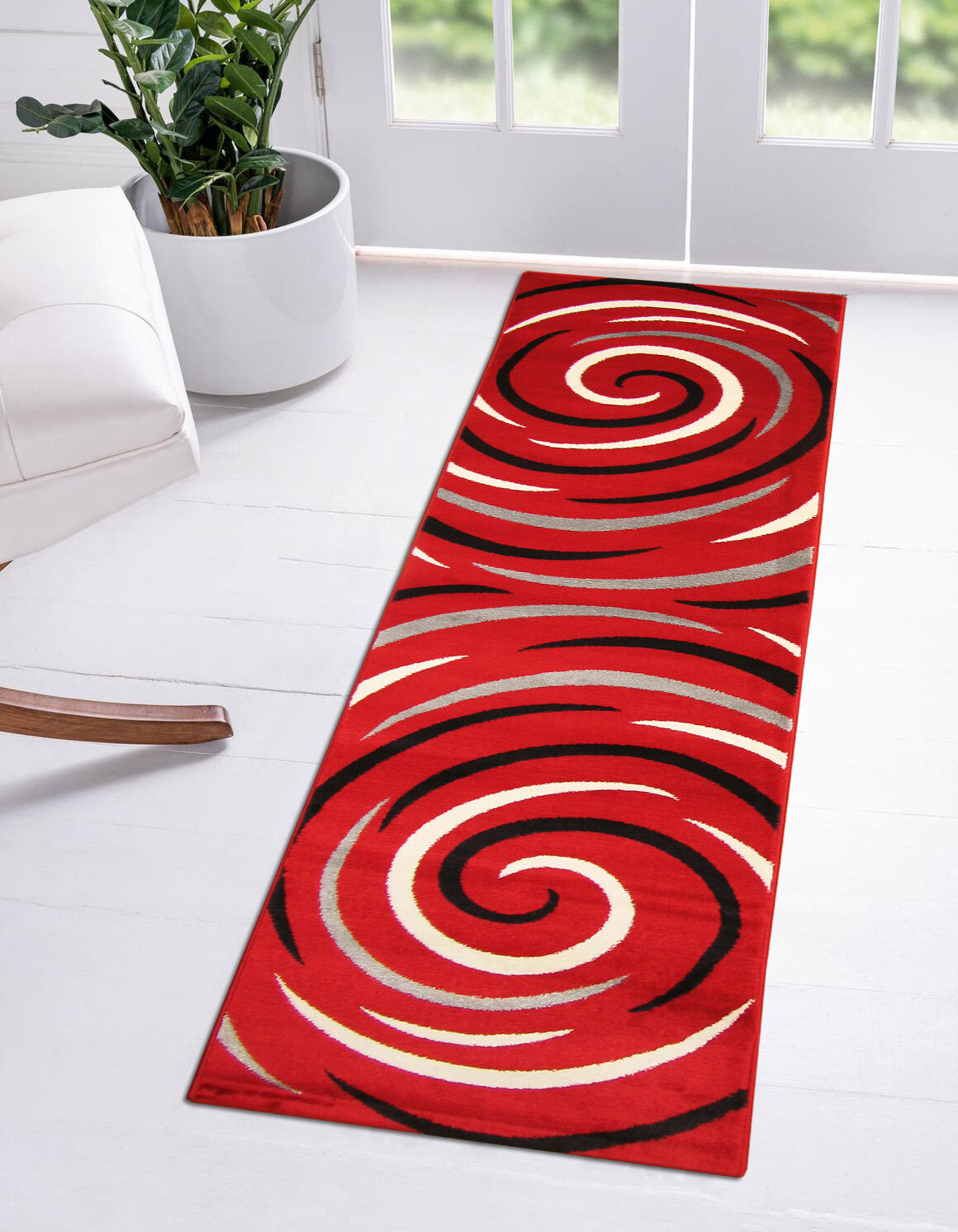 Large View Sky Modern Red Swirl Pattern Rug