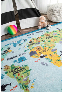 Kids Blue World Map Rug