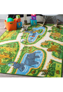 Kids Green Zoo Car Road Rug