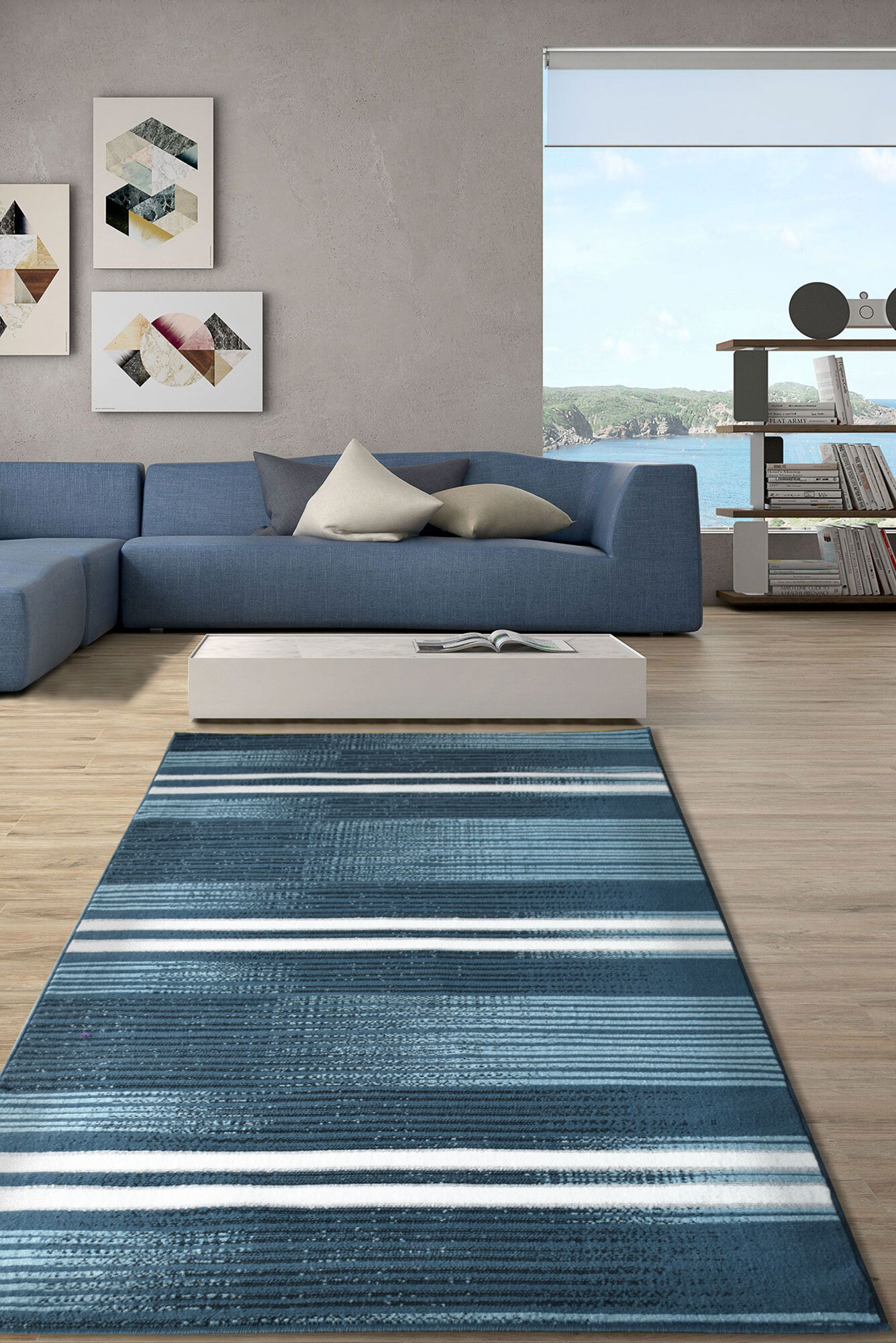 Large View Atlanta Blue Modern Striped Rug