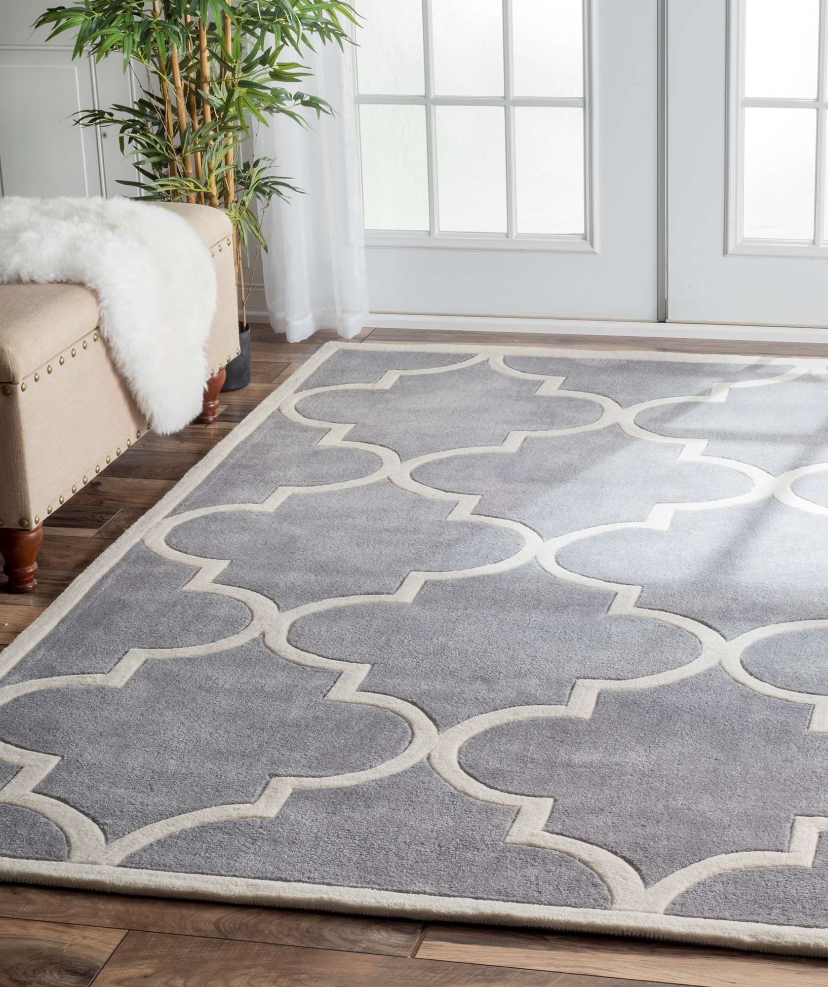 Large View Mia Grey Hand Carved Trellis Rug
