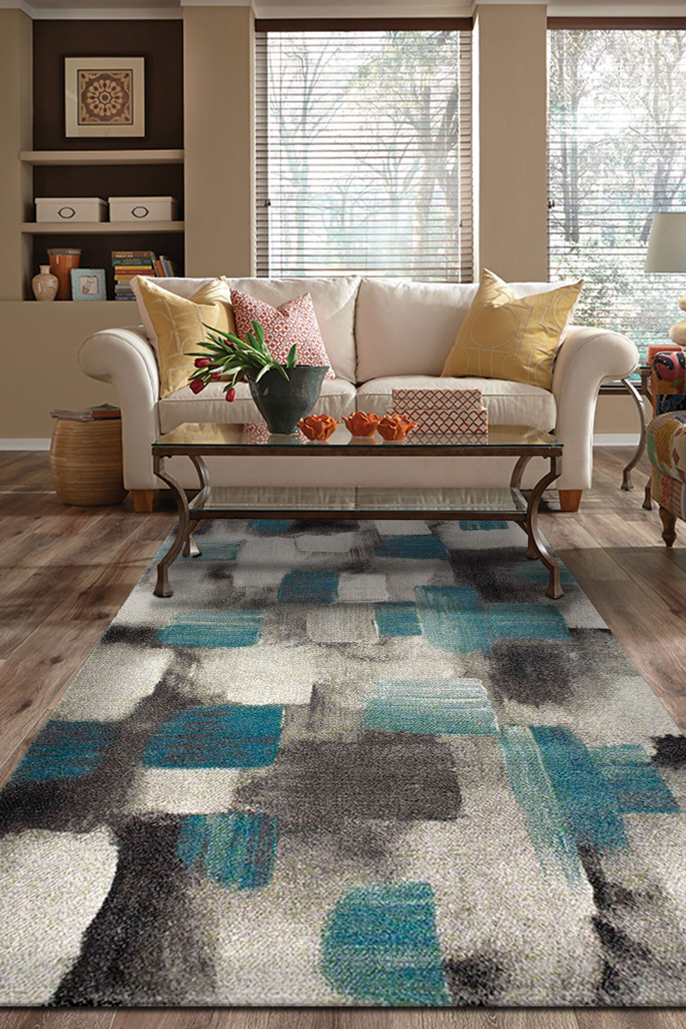 Large View Adobe Blue Square Pattern Rug
