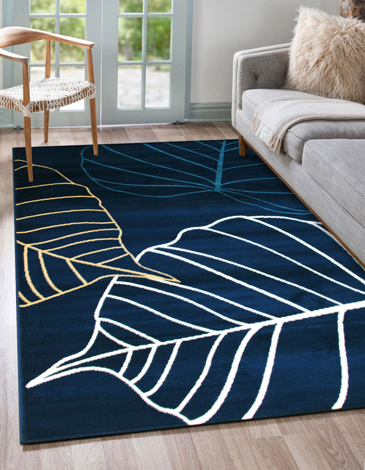 Large View Gil Modern Navy Leaf Pattern Rug
