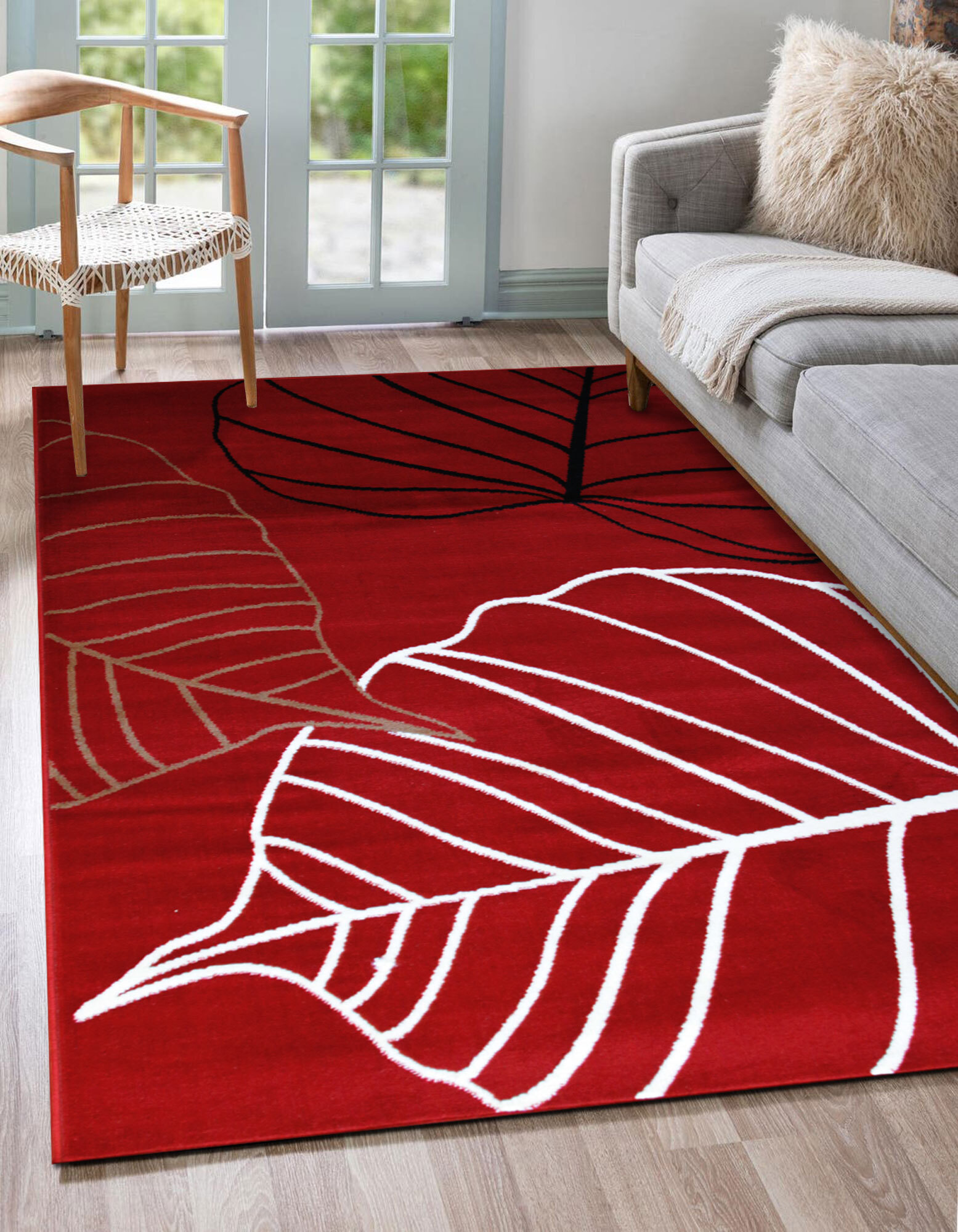 Large View Gil Modern Red Leaf Pattern Rug