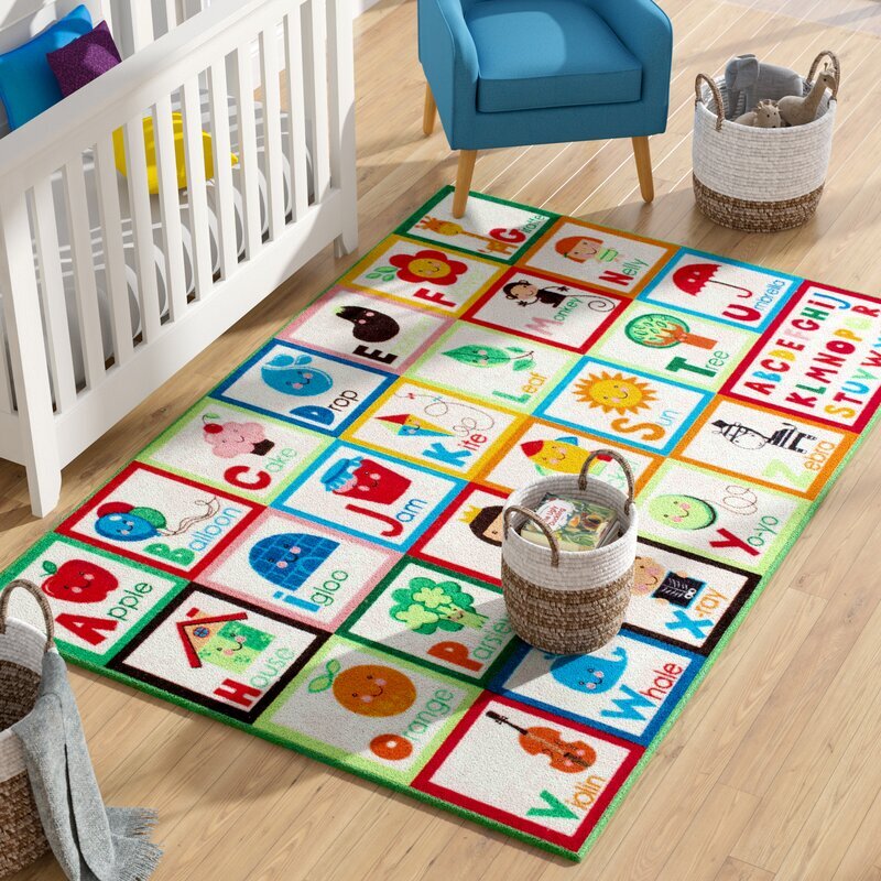 Large View Kids White Alphabet Picture Rug