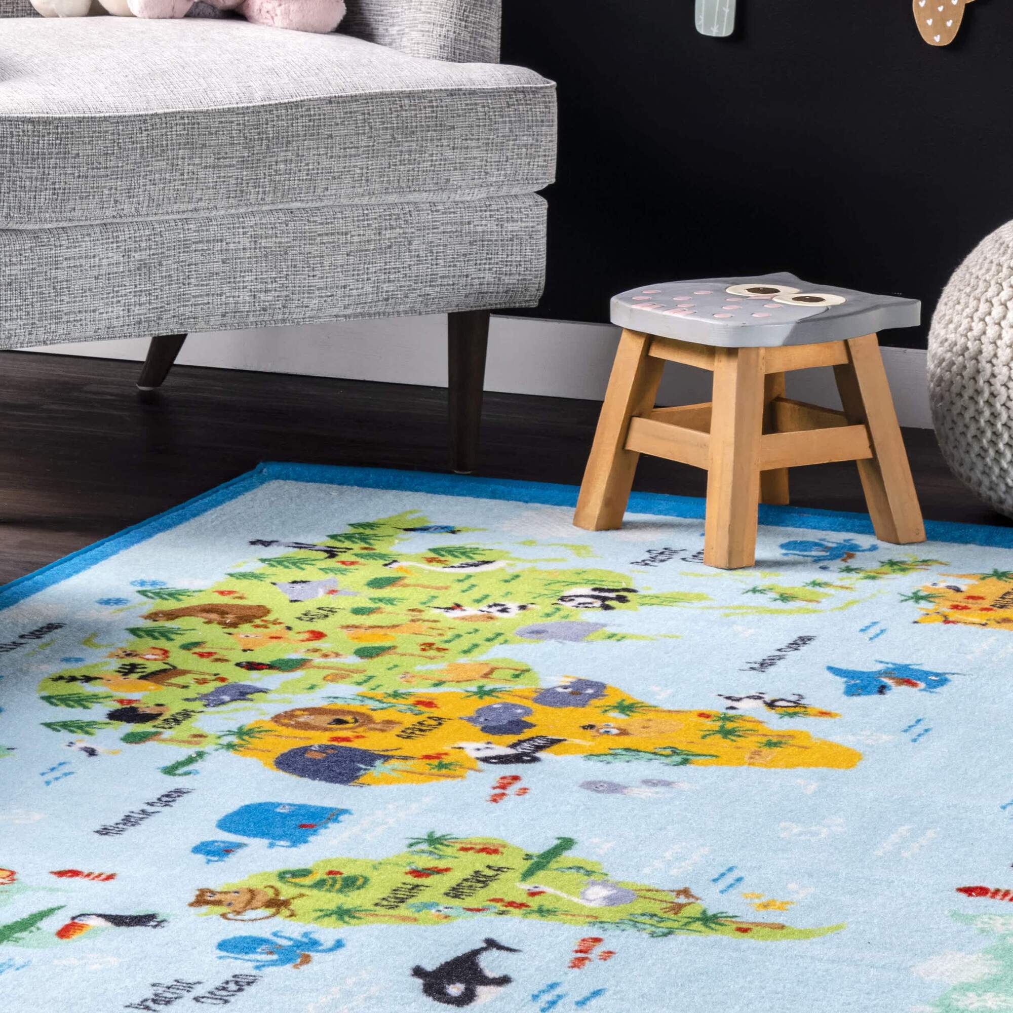 Kids Blue World Map Rug