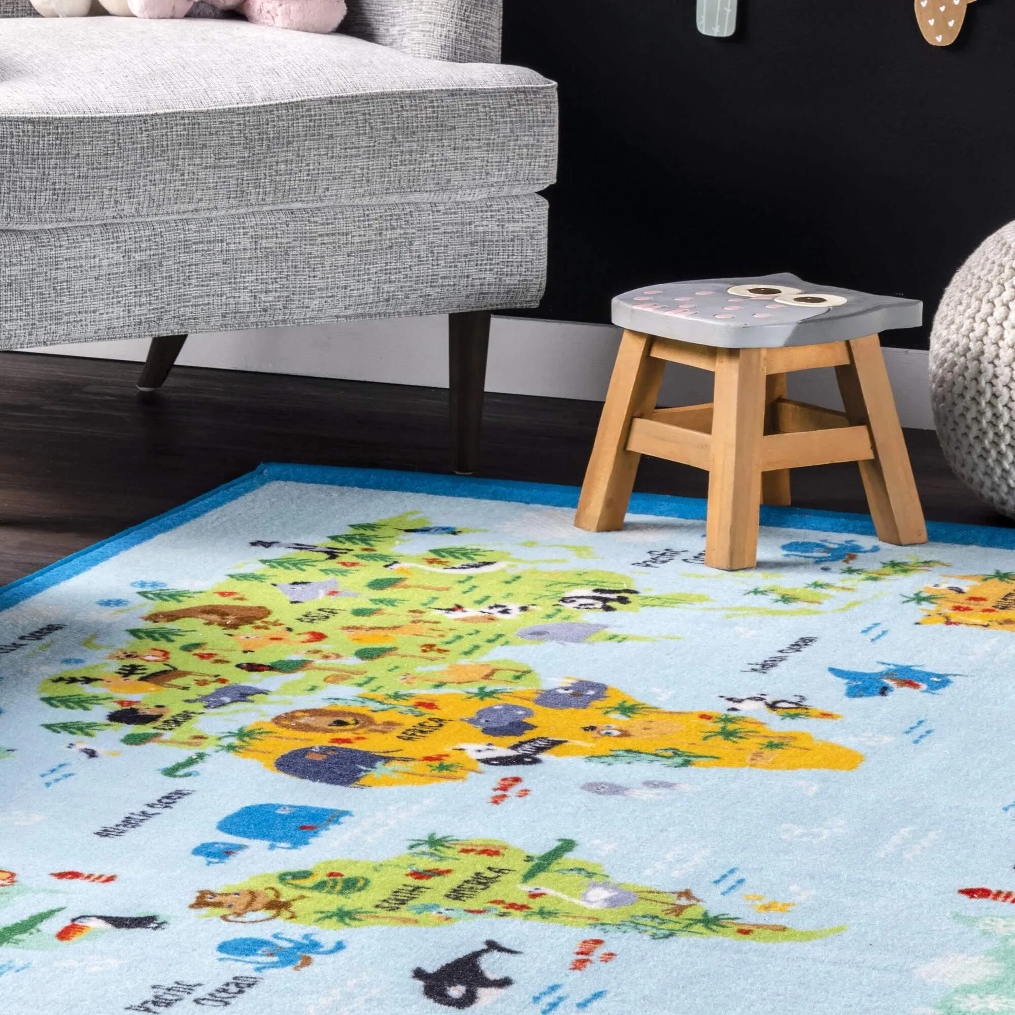Large View Kids Blue World Map Rug