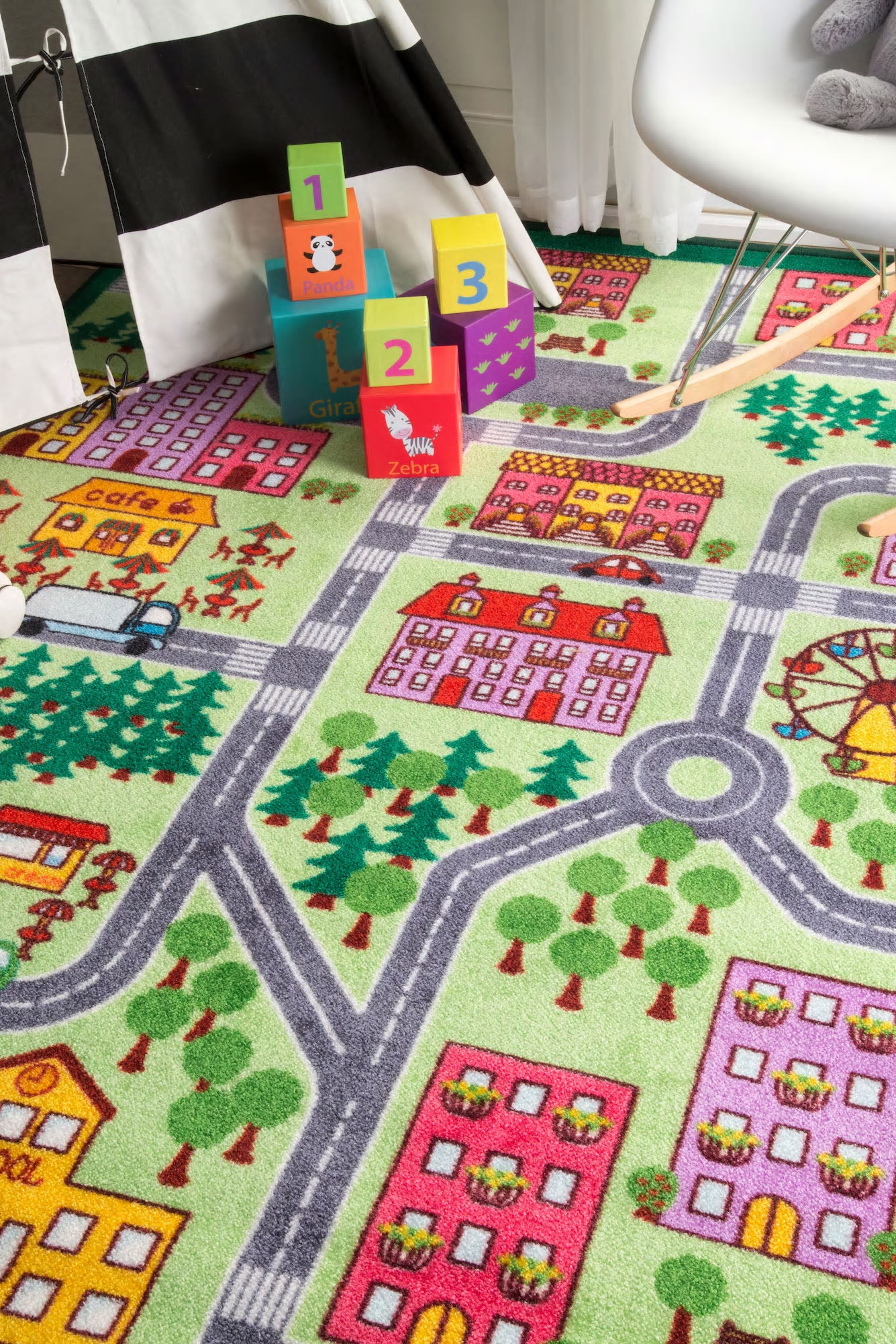 Large View Kids Country Town Car Road Rug