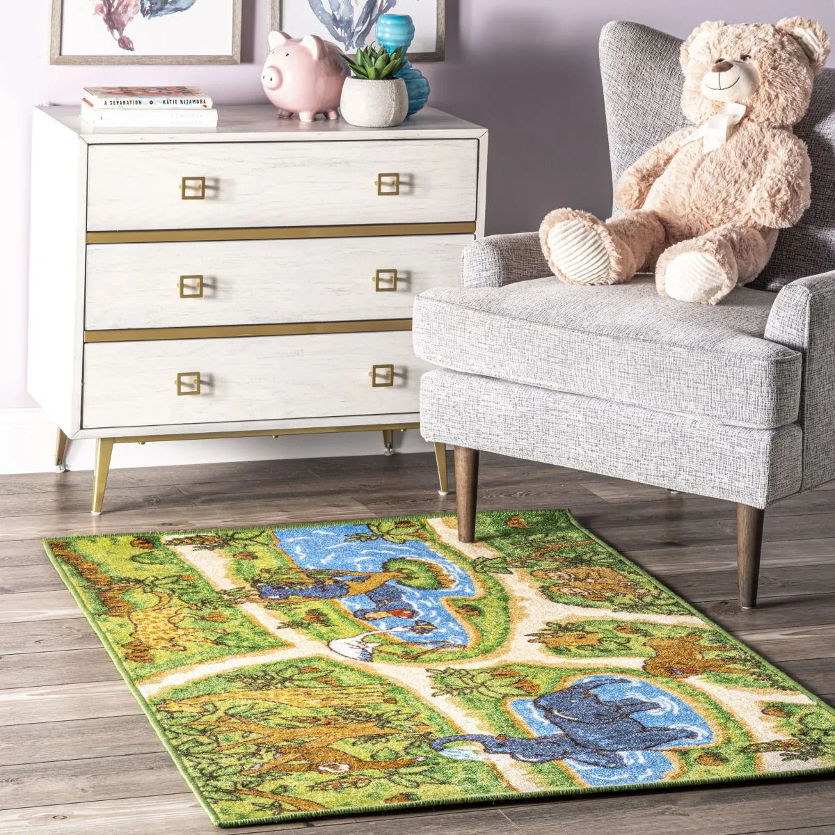 Large View Kids Green Zoo Car Road Rug
