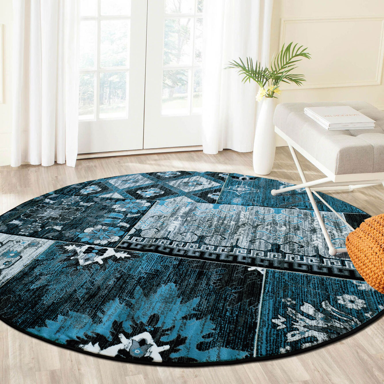 Large View Paris Carved Blue Patchwork Rug