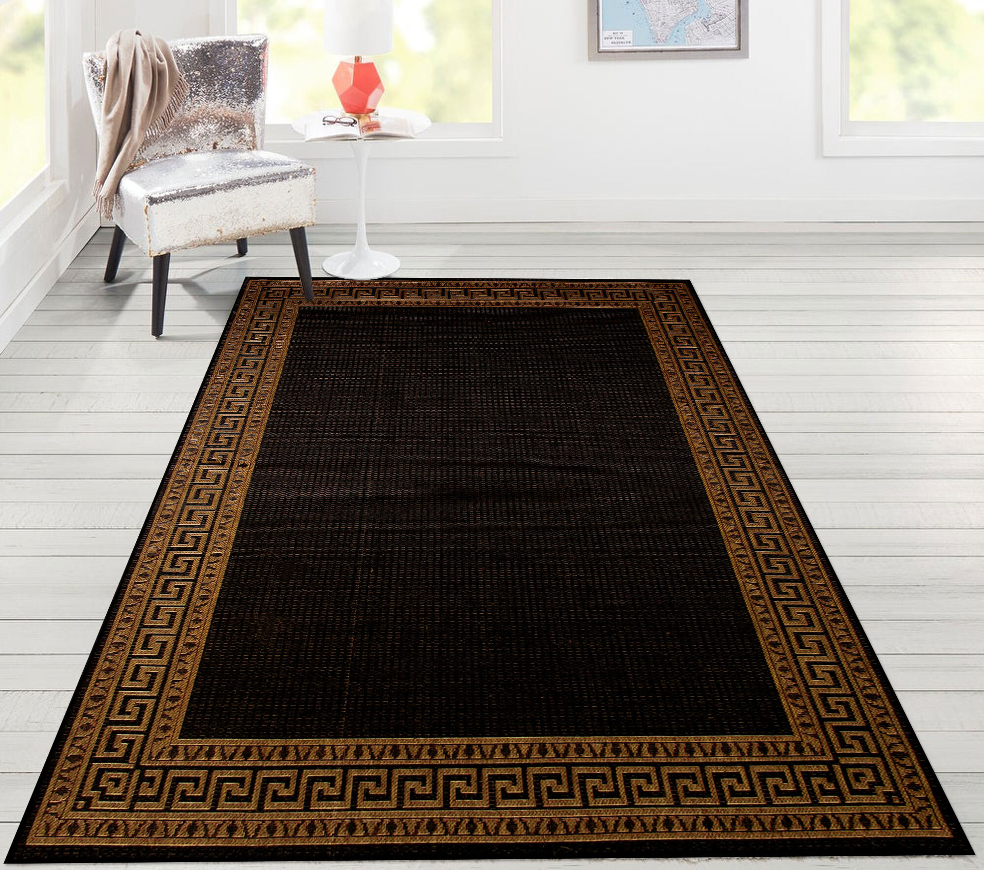 Large View Storm Black Greek Key Border Rug