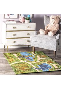 Kids Green Zoo Car Road Rug
