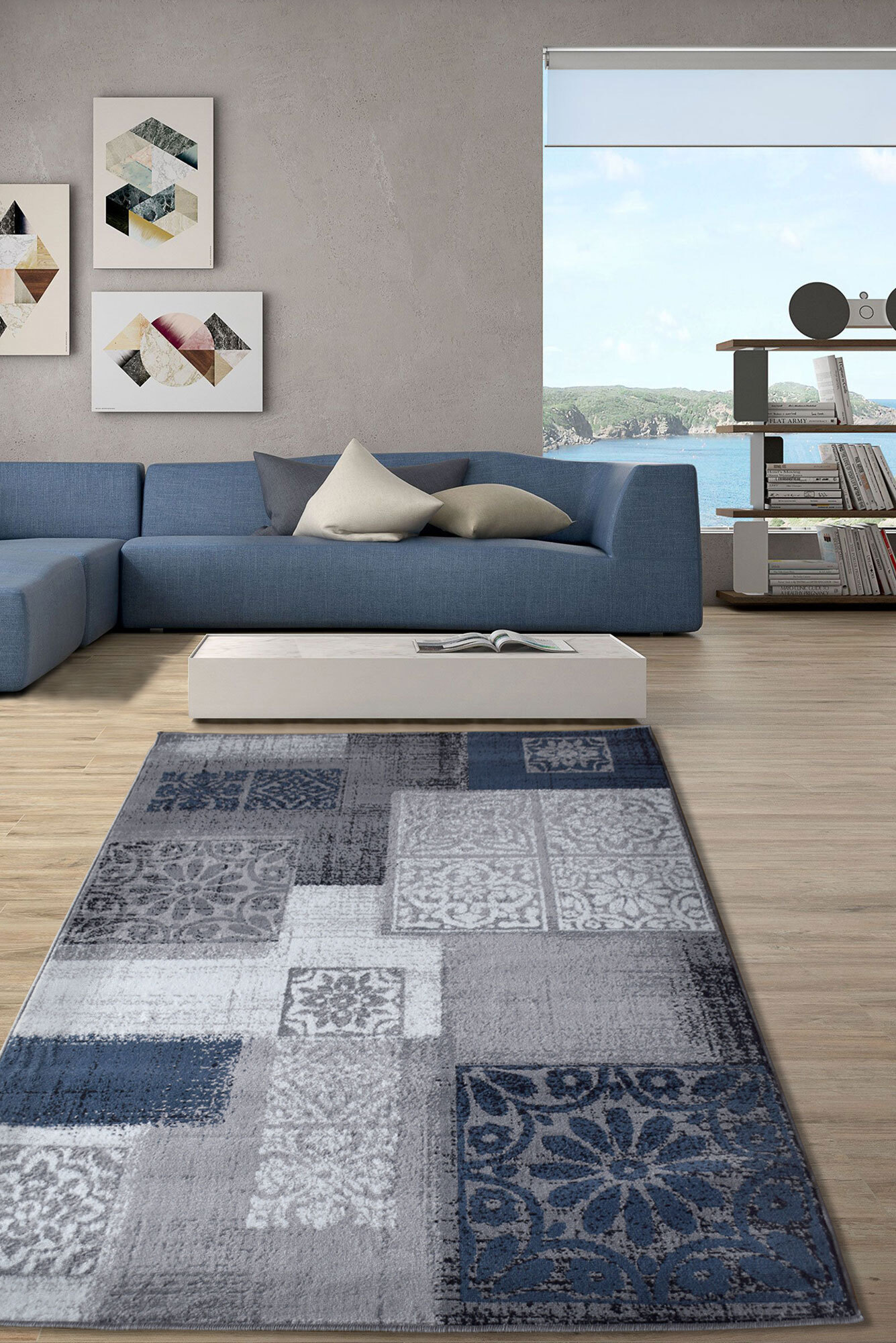 Large View Atlanta Blue Modern Patchwork Rug
