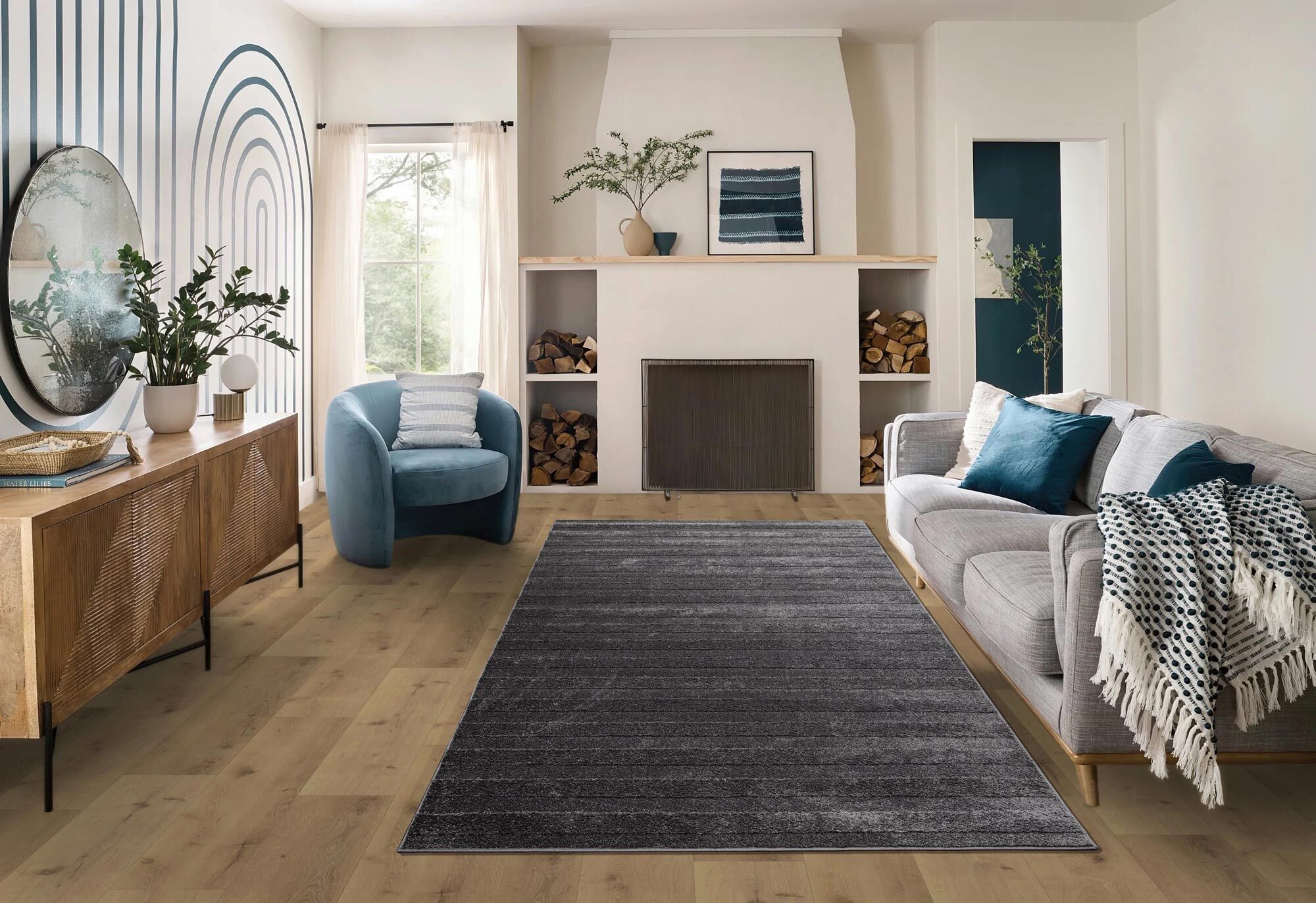 Large View Austin Plain Charcoal Striped Rug