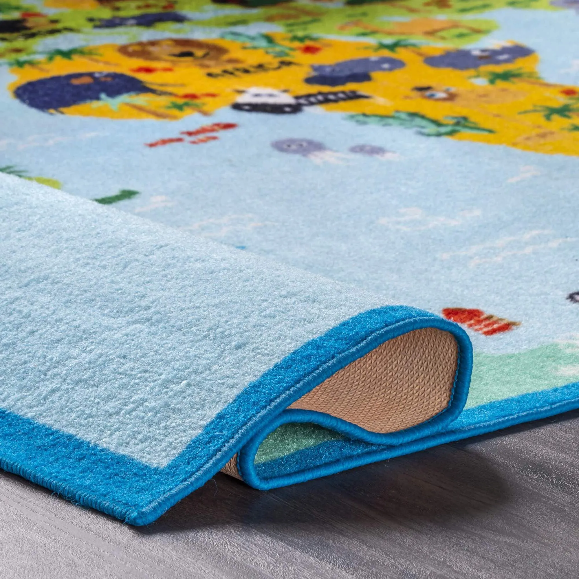 Large View Kids Blue World Map Rug