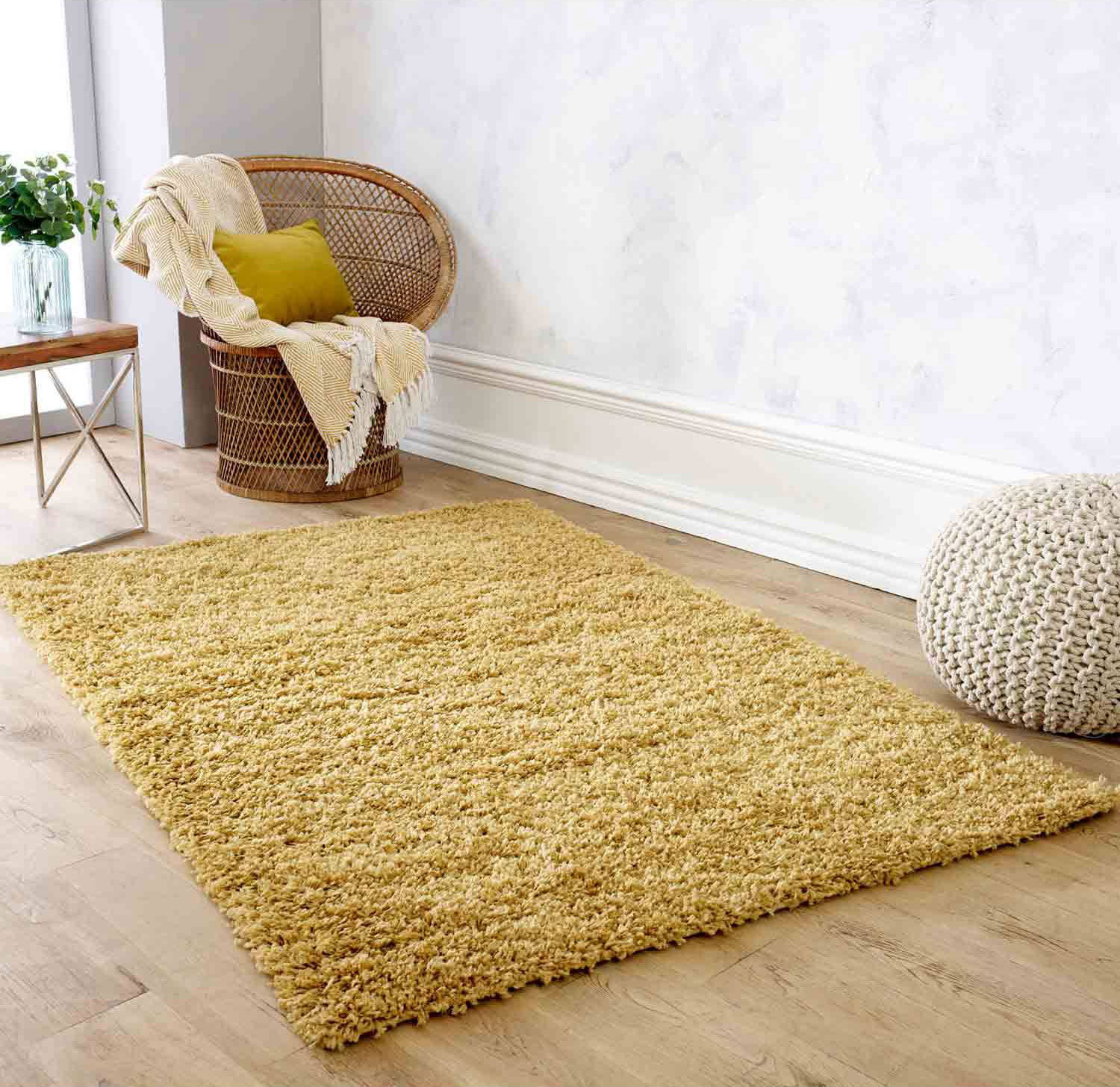 Large View Lara Plain Yellow Shaggy Rug