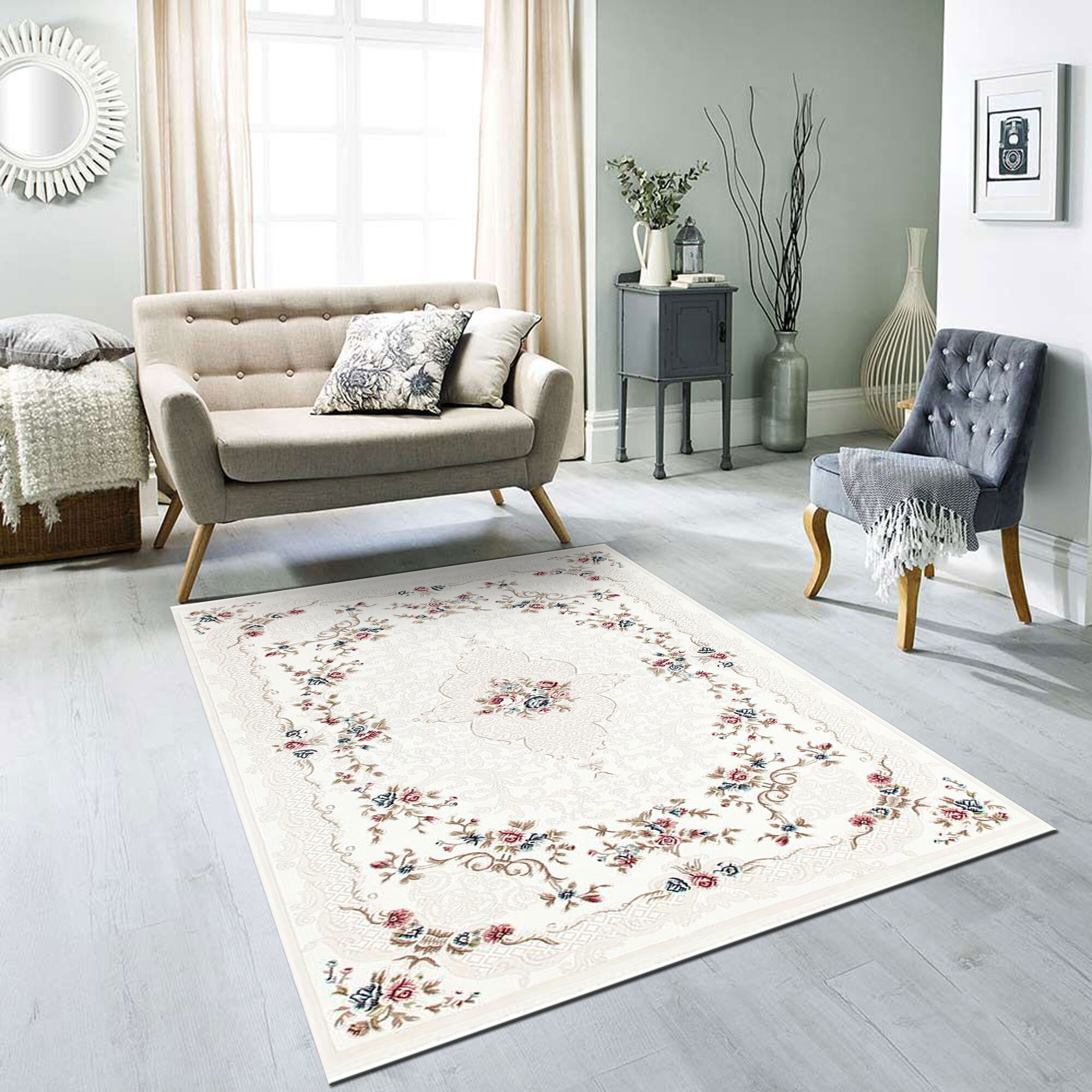Large View Sadie White Traditional Floral Rug