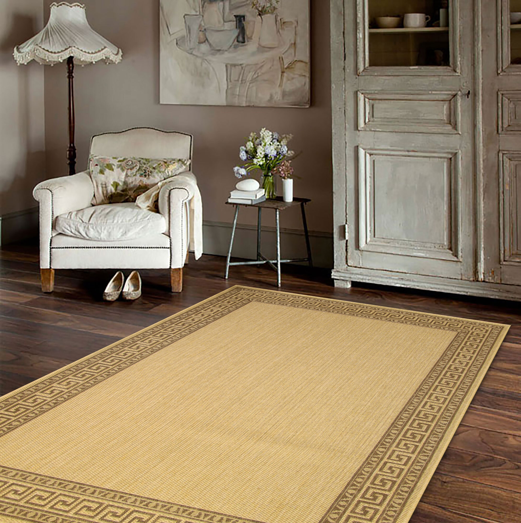 Sama Beige Greek Key Border Rug