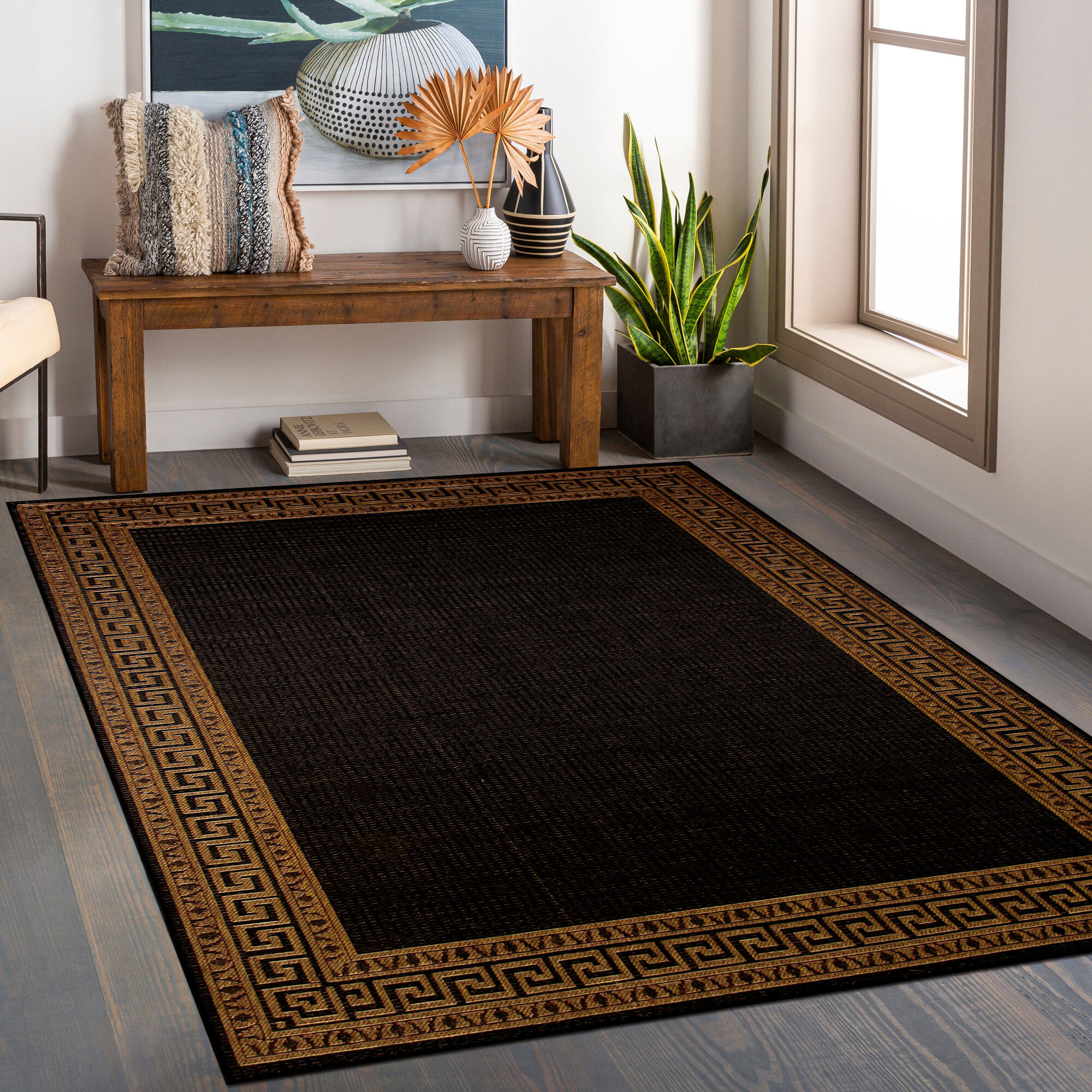 Large View Storm Black Greek Key Border Rug