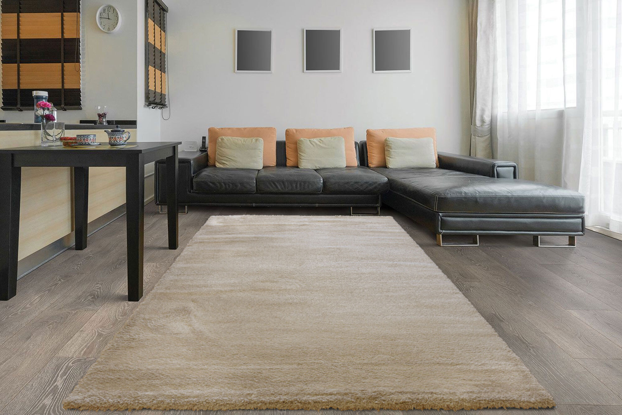 Large View Soft Plain Beige Thick Shaggy Rug