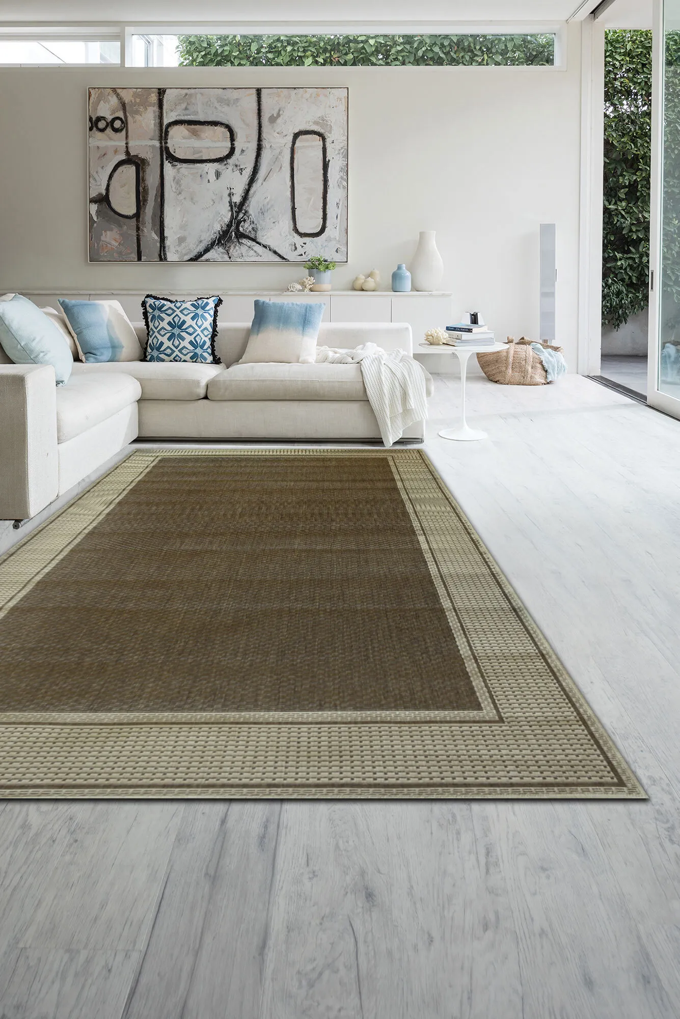 Large View Soleil Tan Border Flatweave Rug