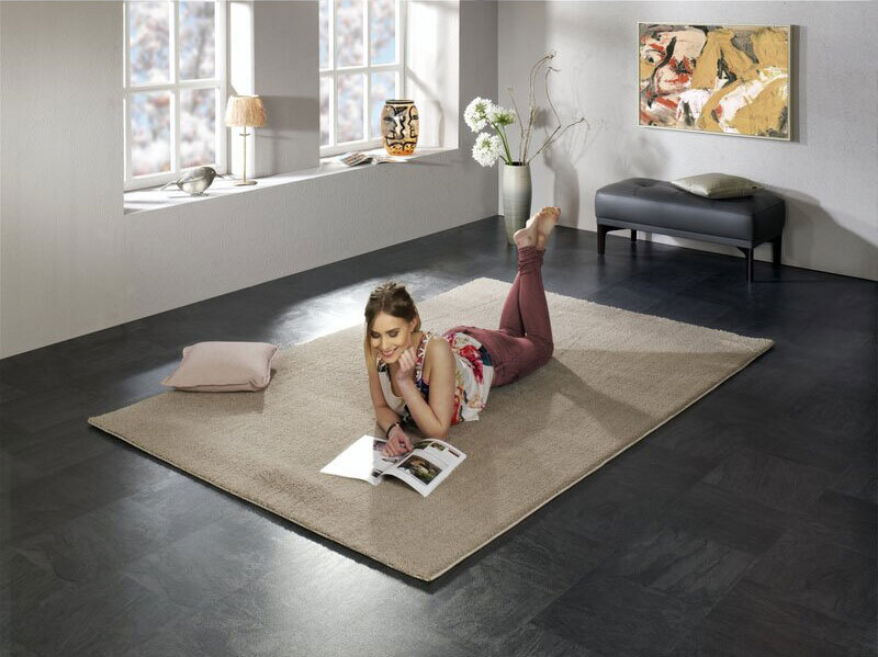 Large View Silky Plain Beige Thick Shaggy Rug