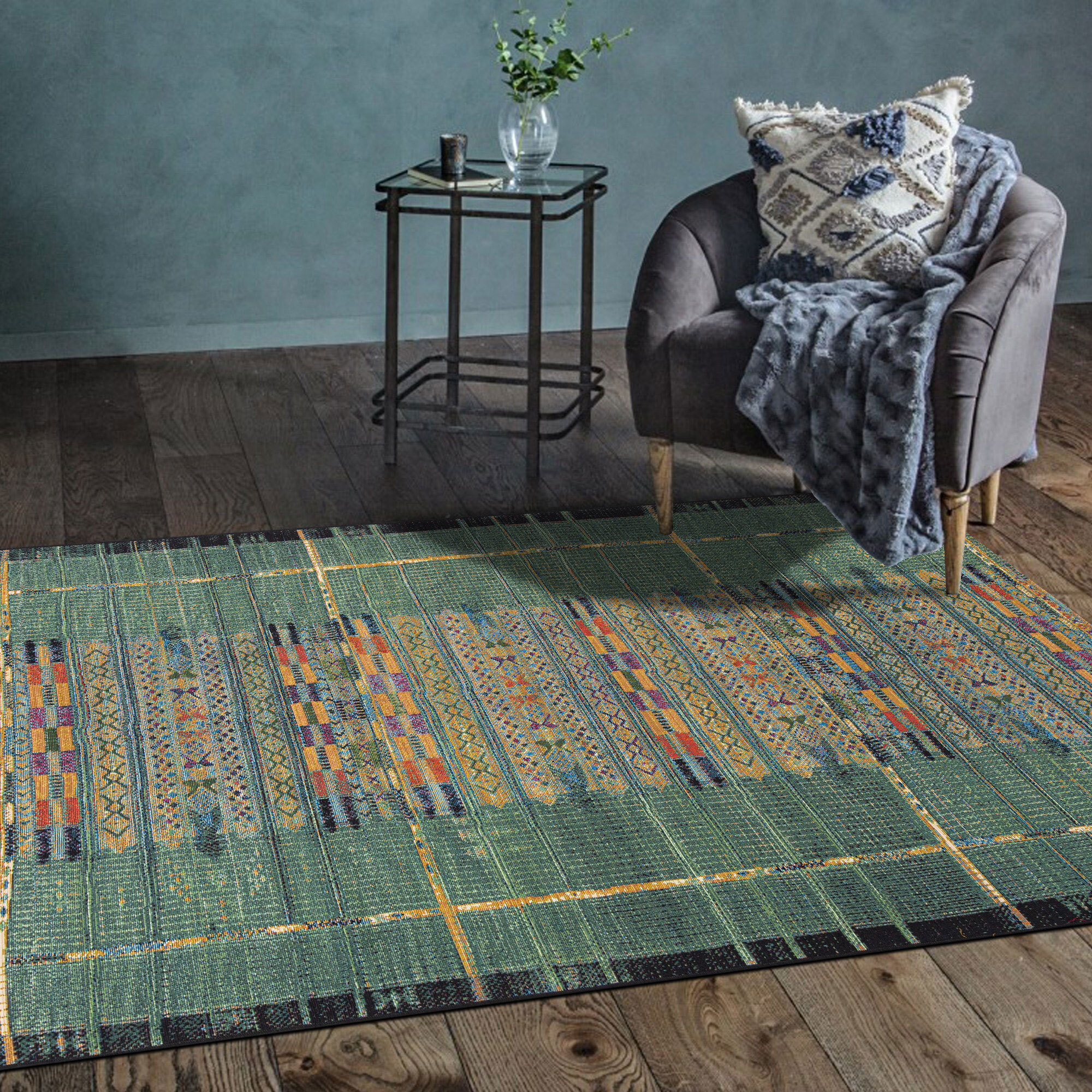 Large View Aperto Green Tribal Pattern Rug
