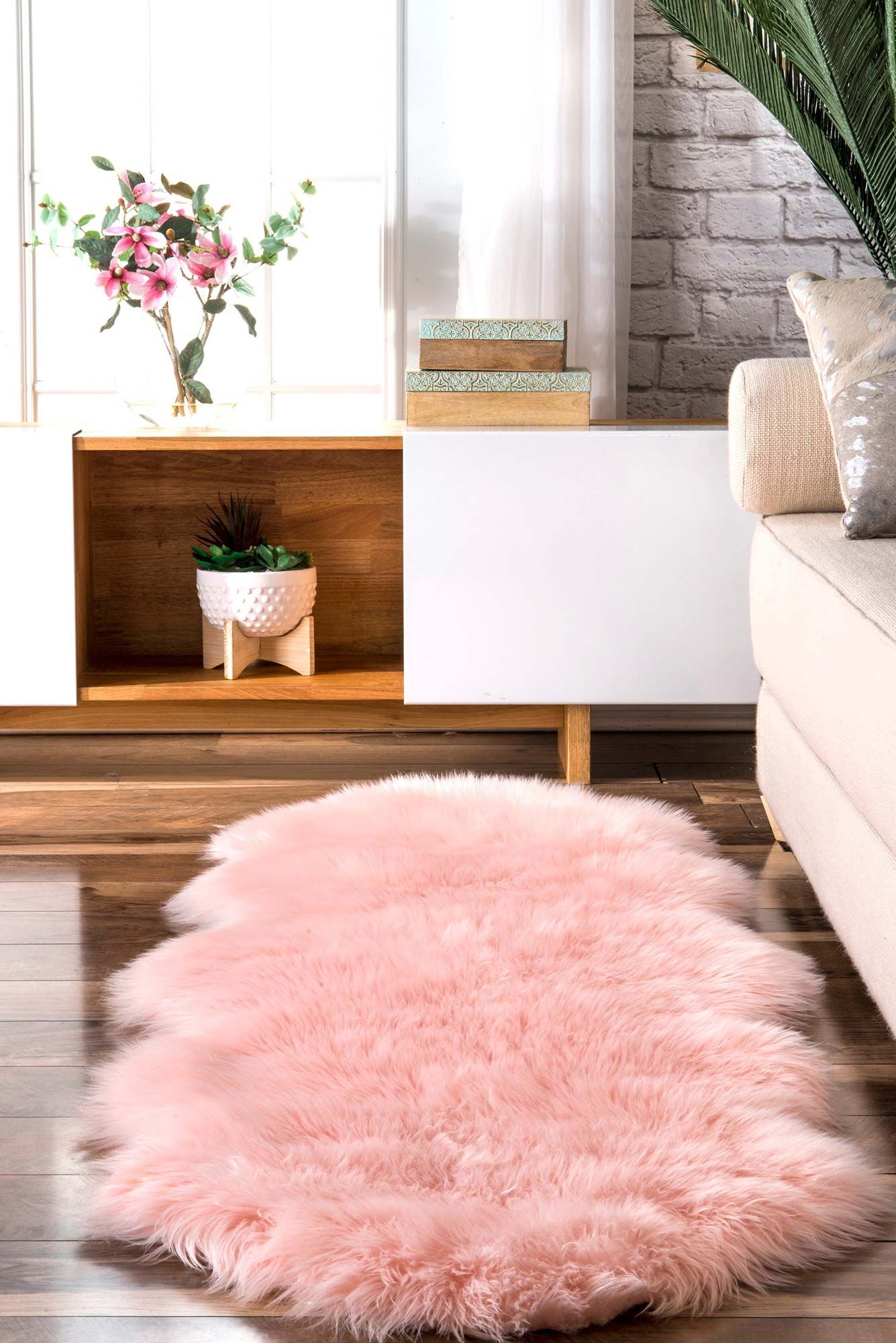 Large View Fluffy Pink Fur Faux Sheepskin Rug