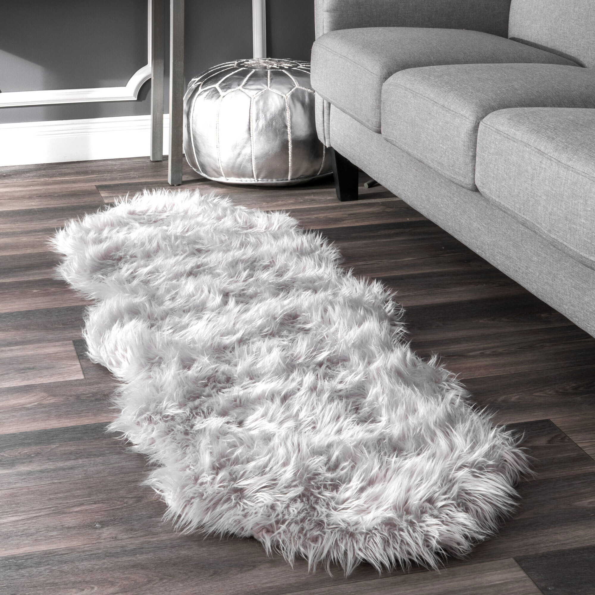 Fluffy Grey Fur Faux Sheepskin Rug