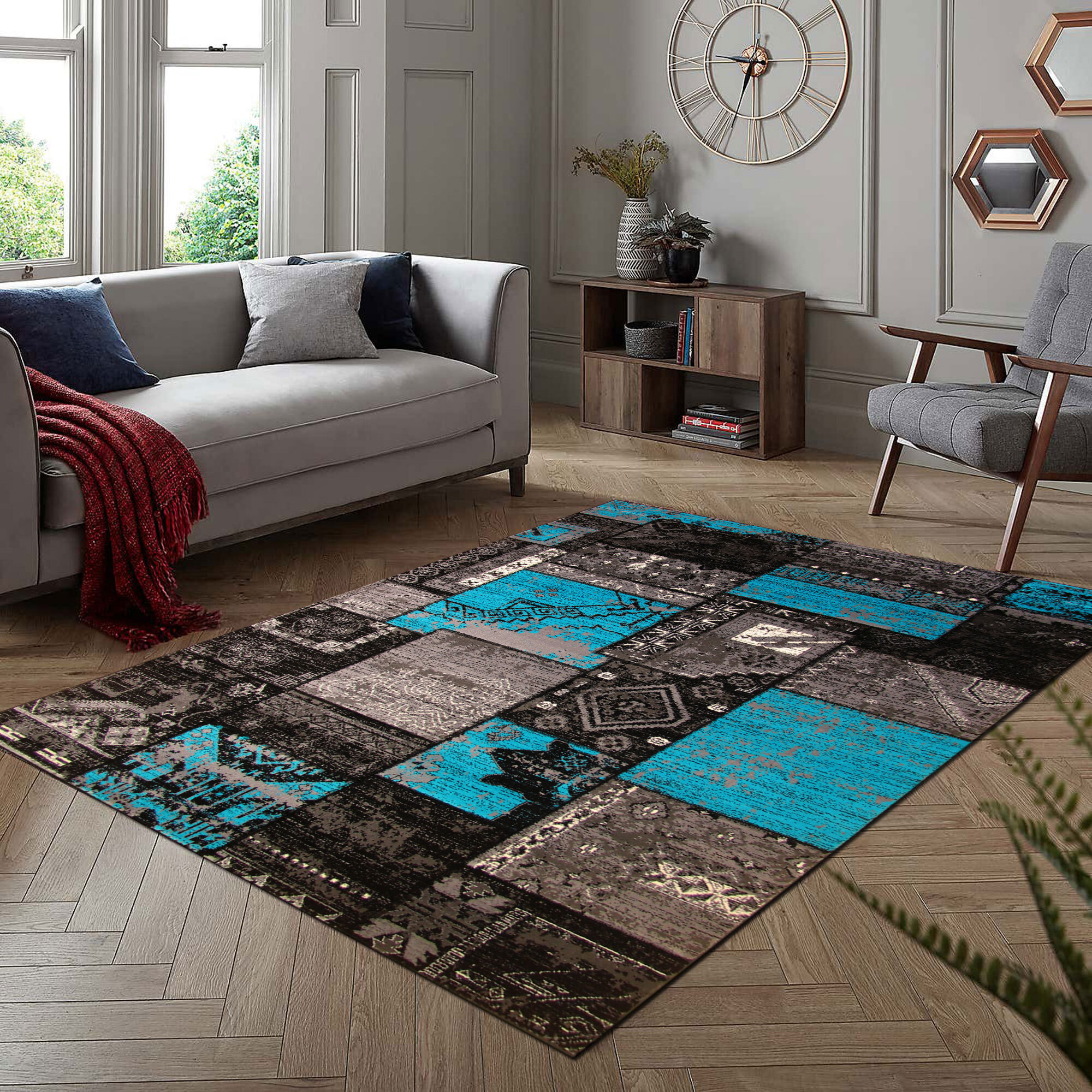 Large View Paris Turquoise Patchwork Rug