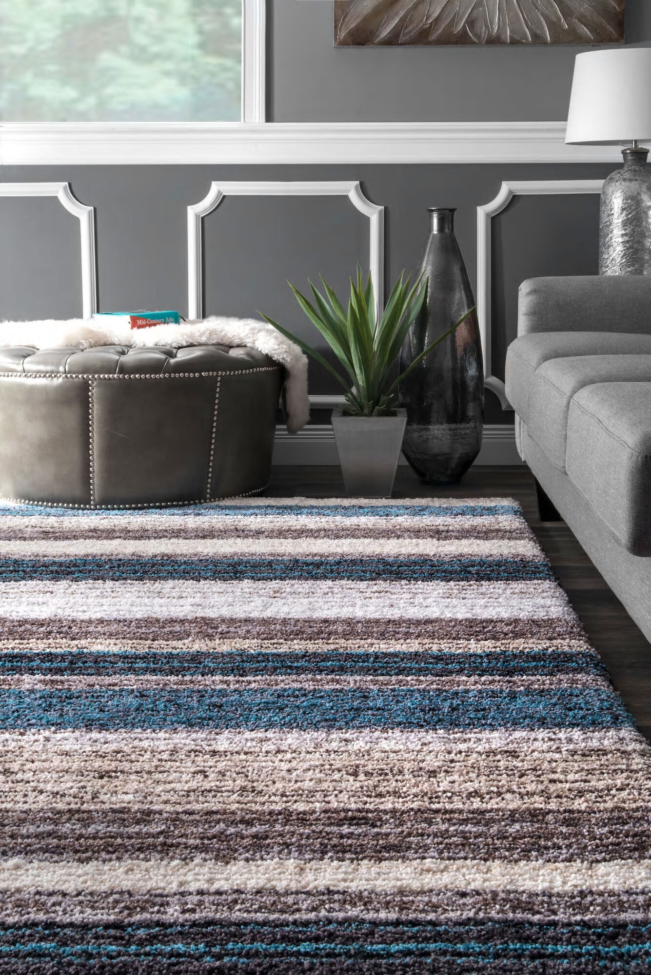 Symphony Striped Blue Shaggy Rug