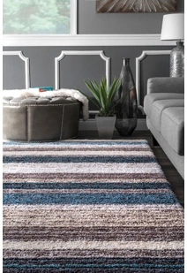Symphony Striped Blue Shaggy Rug