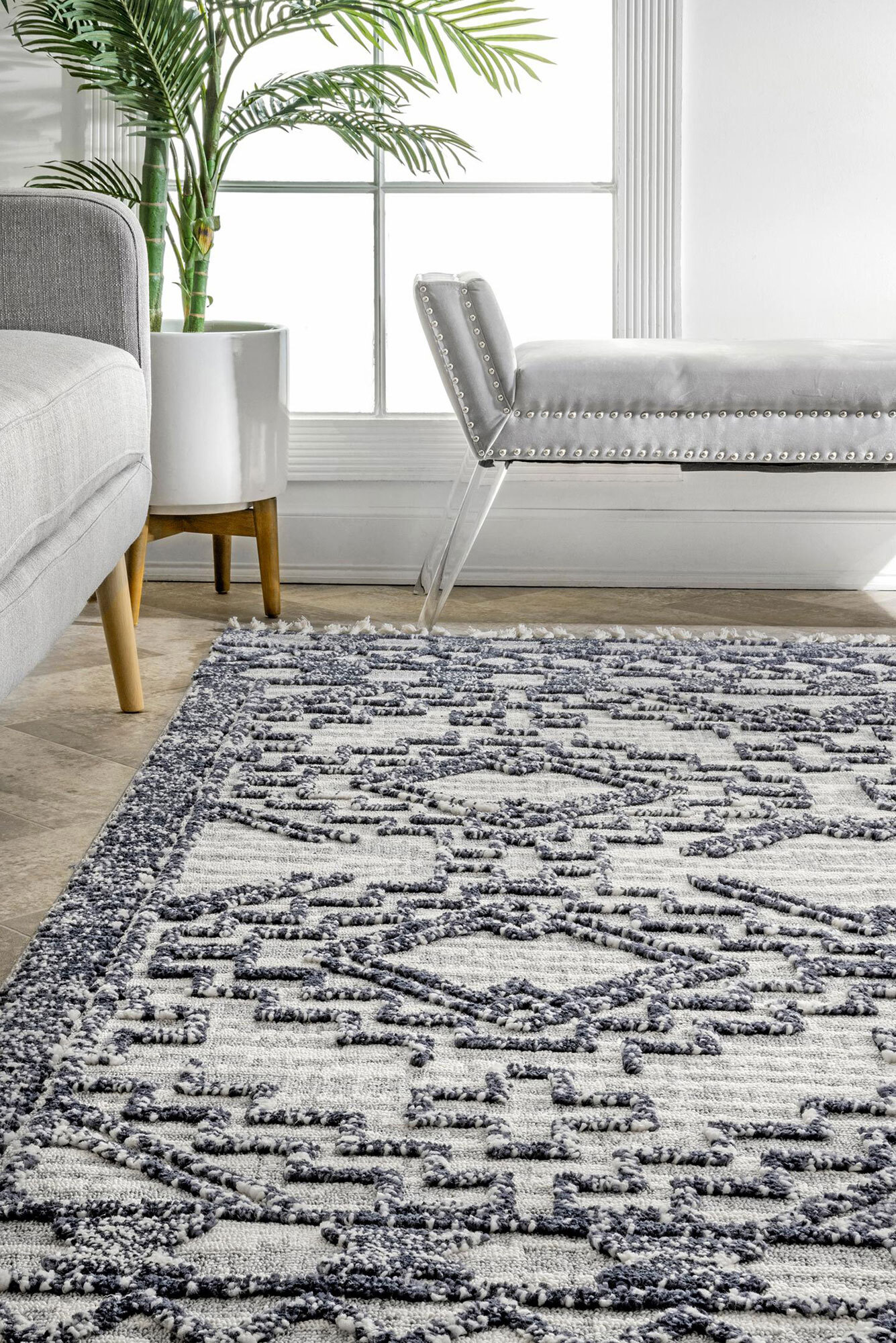 Aroma Blue Fringed Moroccan Rug(Size 290 x 200cm)