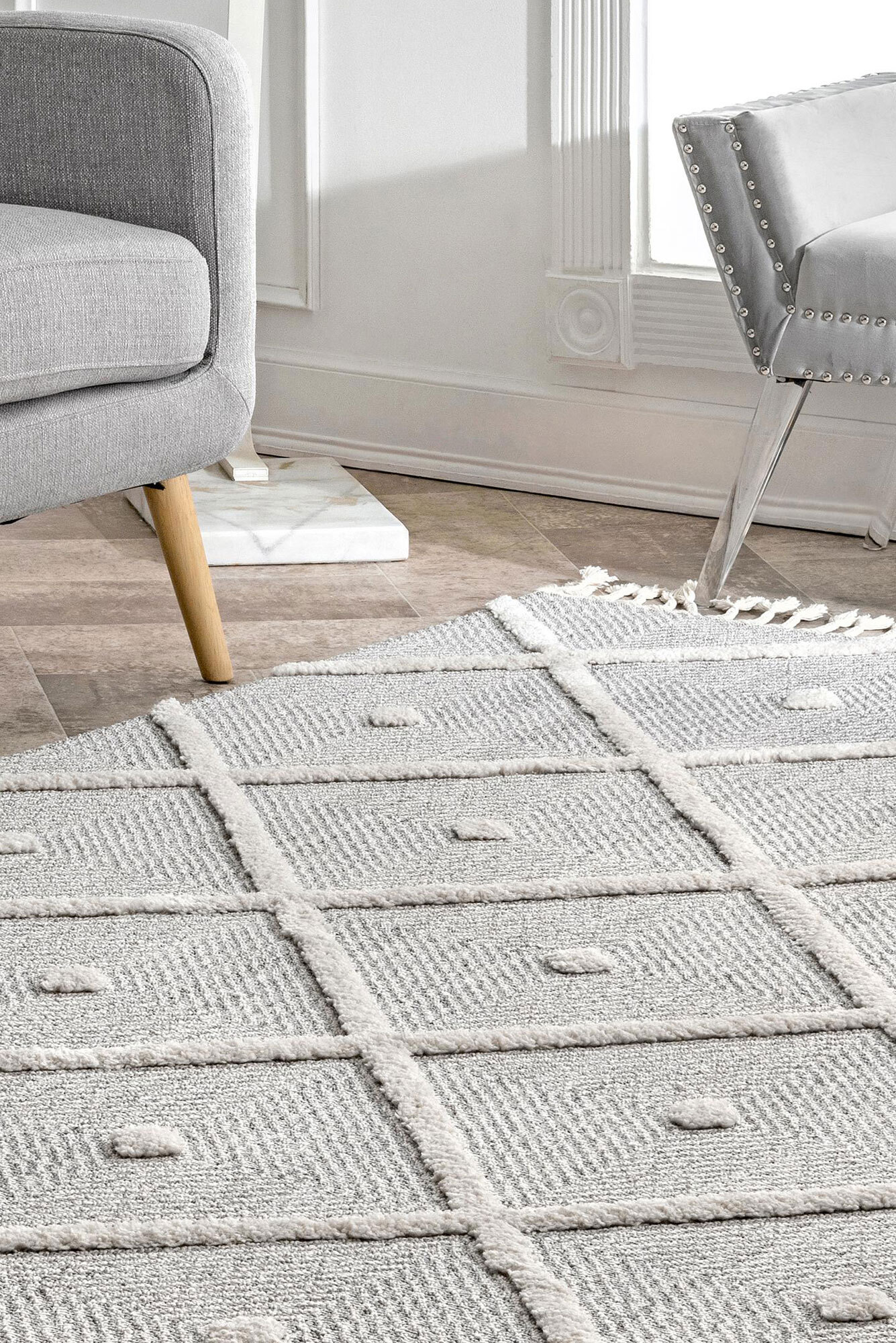 Large View Aroma Grey Moroccan Fringed Rug