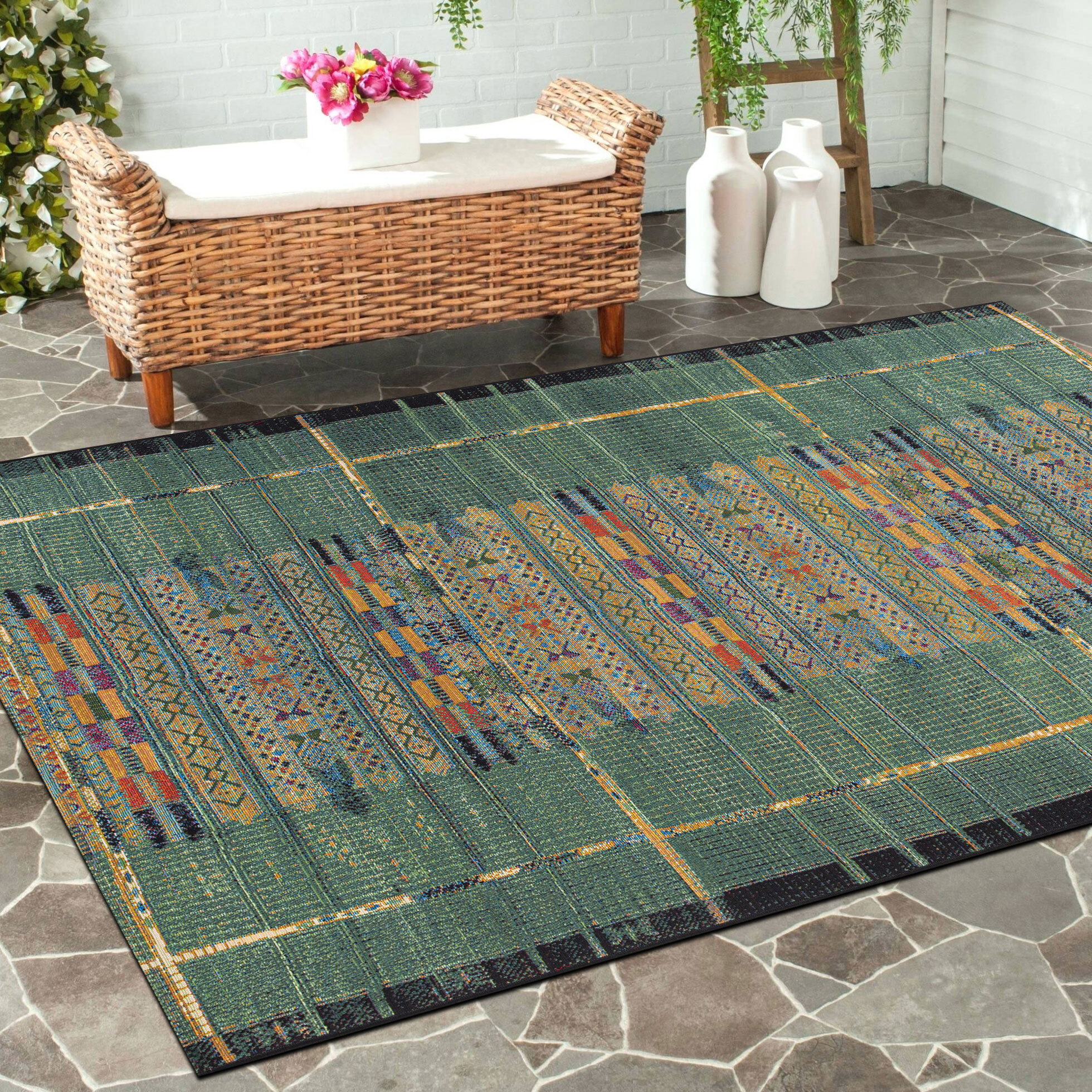 Large View Aperto Green Tribal Pattern Rug