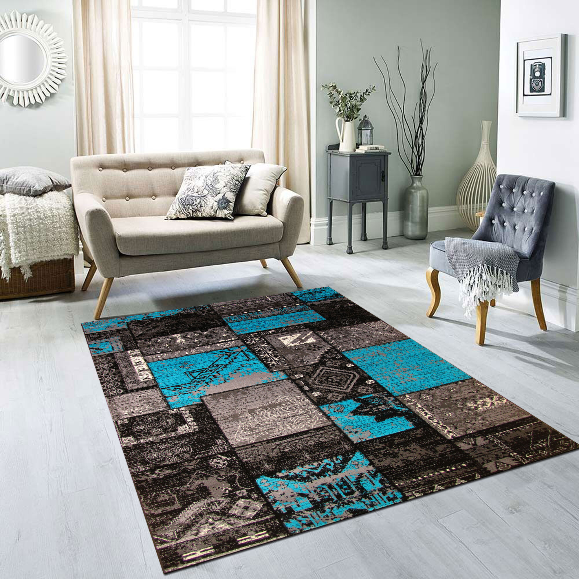 Large View Paris Turquoise Patchwork Rug