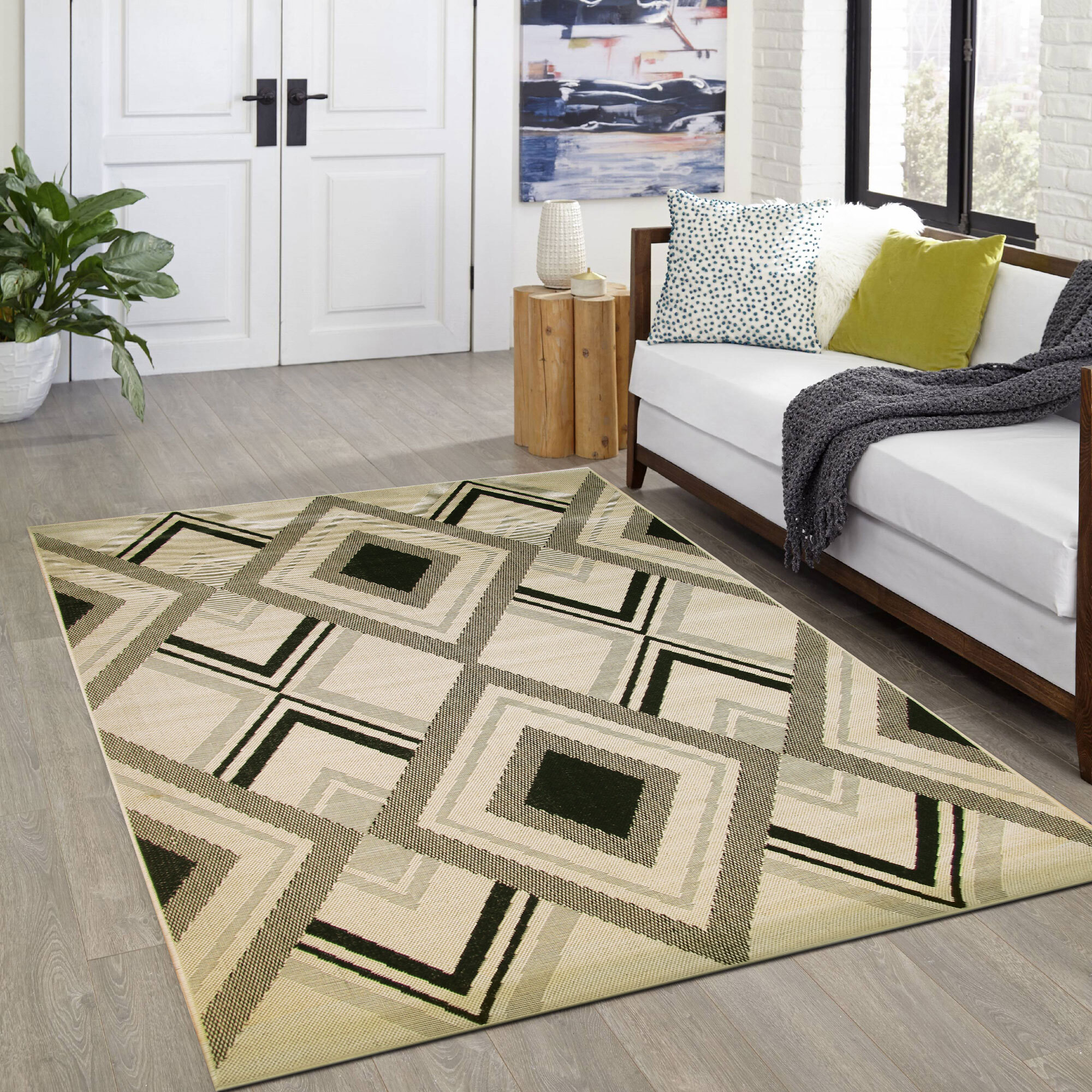 Large View Storm Ivory Diamond Pattern Rug