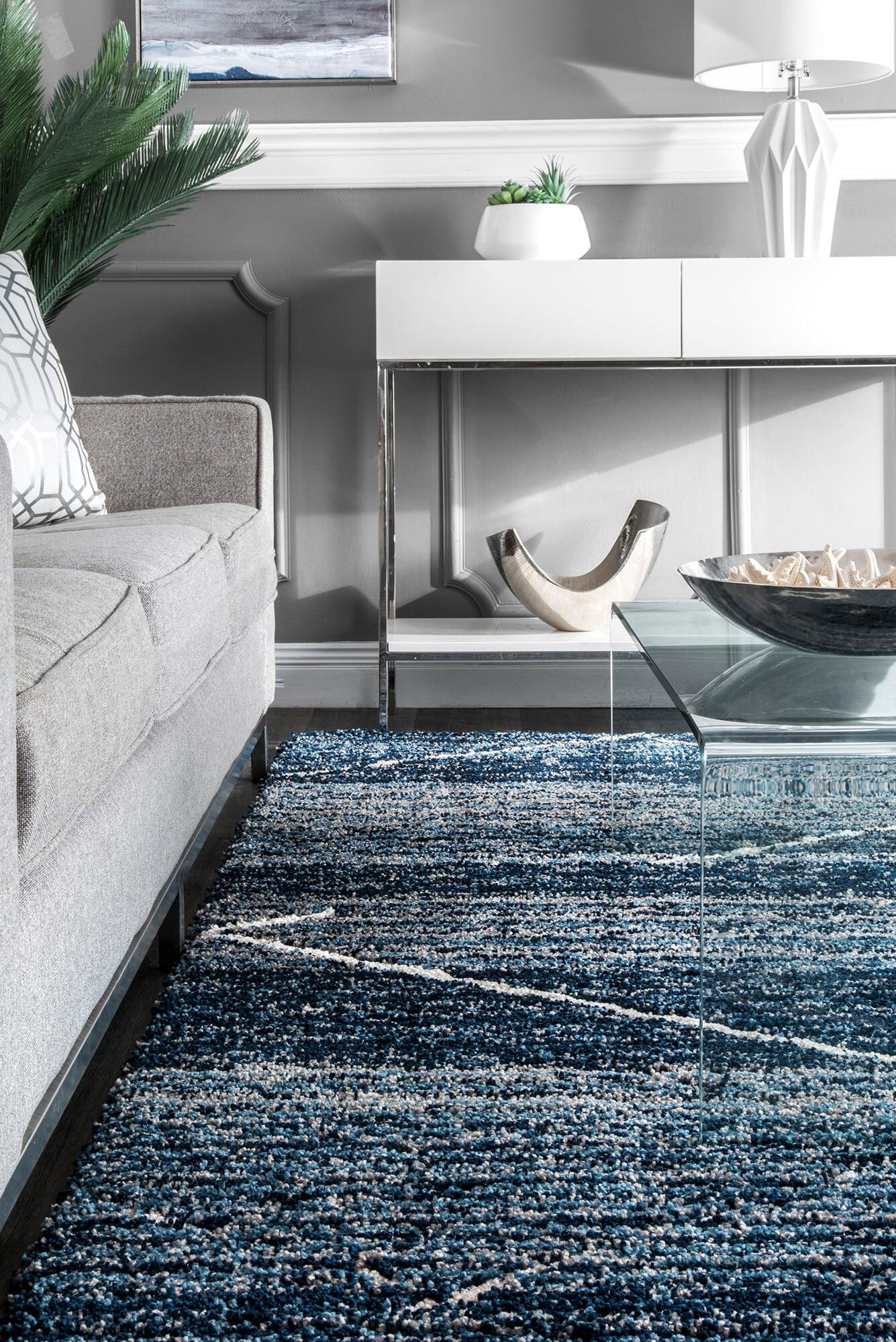 Large View Symphony Blue Striped Shag Rug
